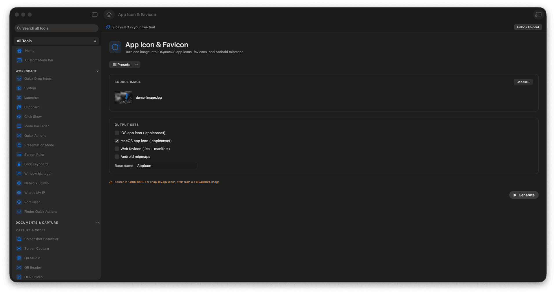 Foldout Generate app icons and favicons from one source image tool screen on macOS