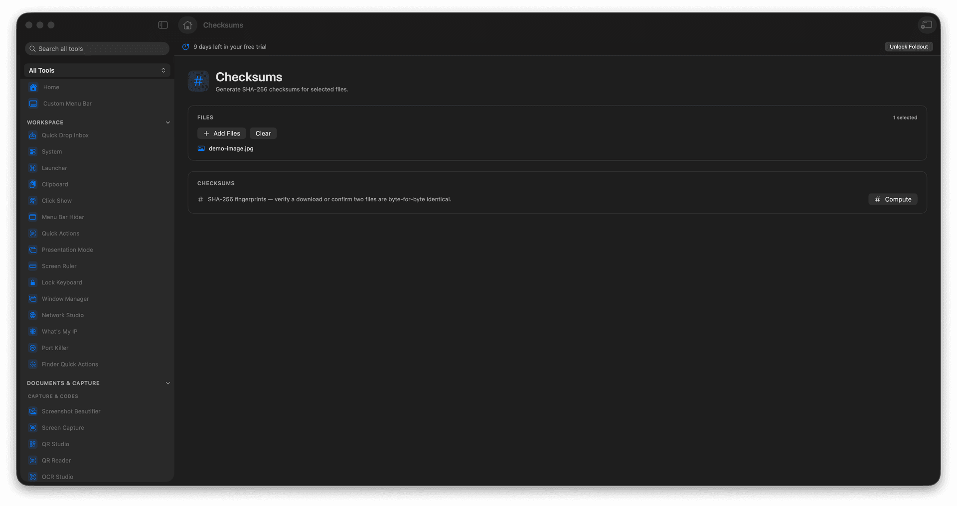 Foldout Generate SHA-256 checksums for selected files tool screen on macOS