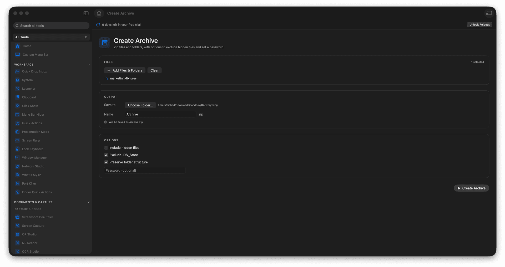 Foldout Create zip archives from files and folders tool screen on macOS
