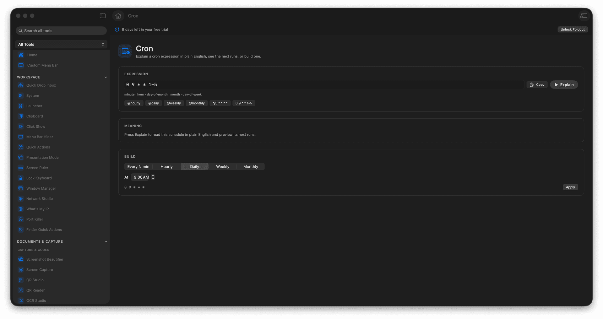 Foldout Explain or build cron expressions tool screen on macOS