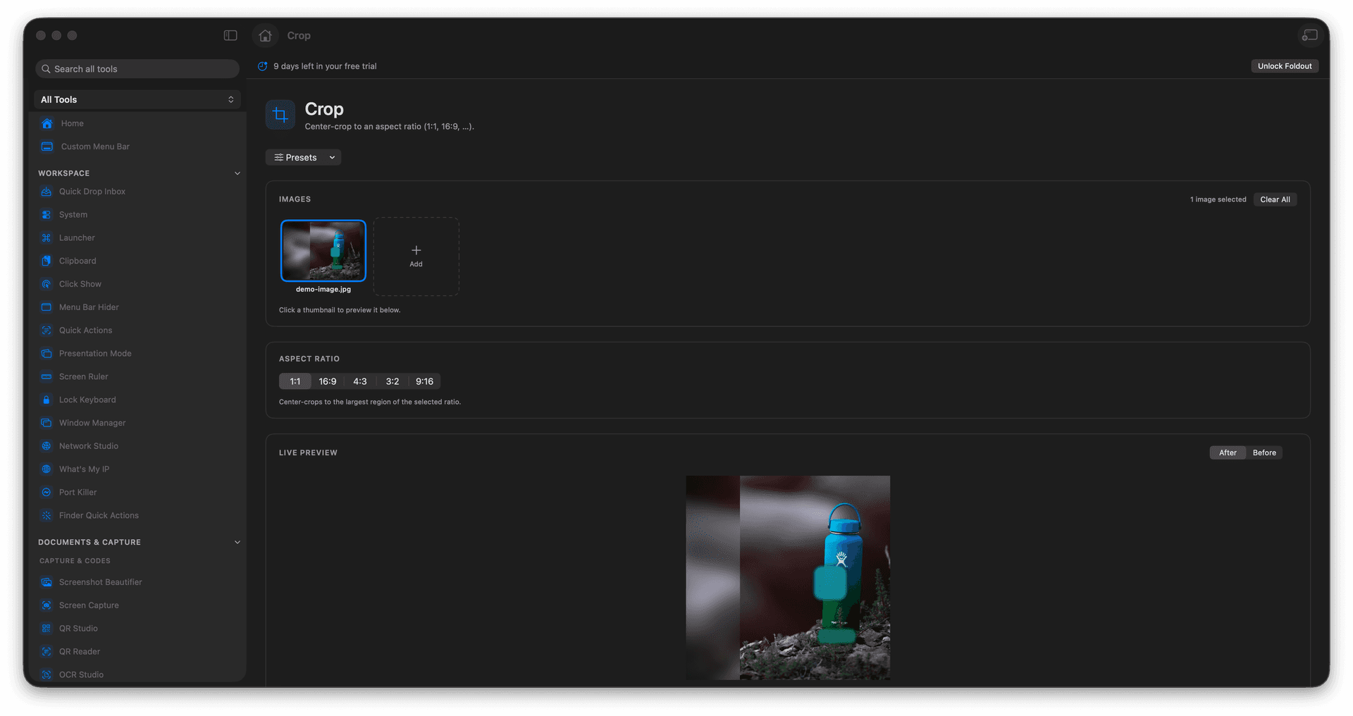 Foldout Center-crop images to a chosen aspect ratio tool screen on macOS
