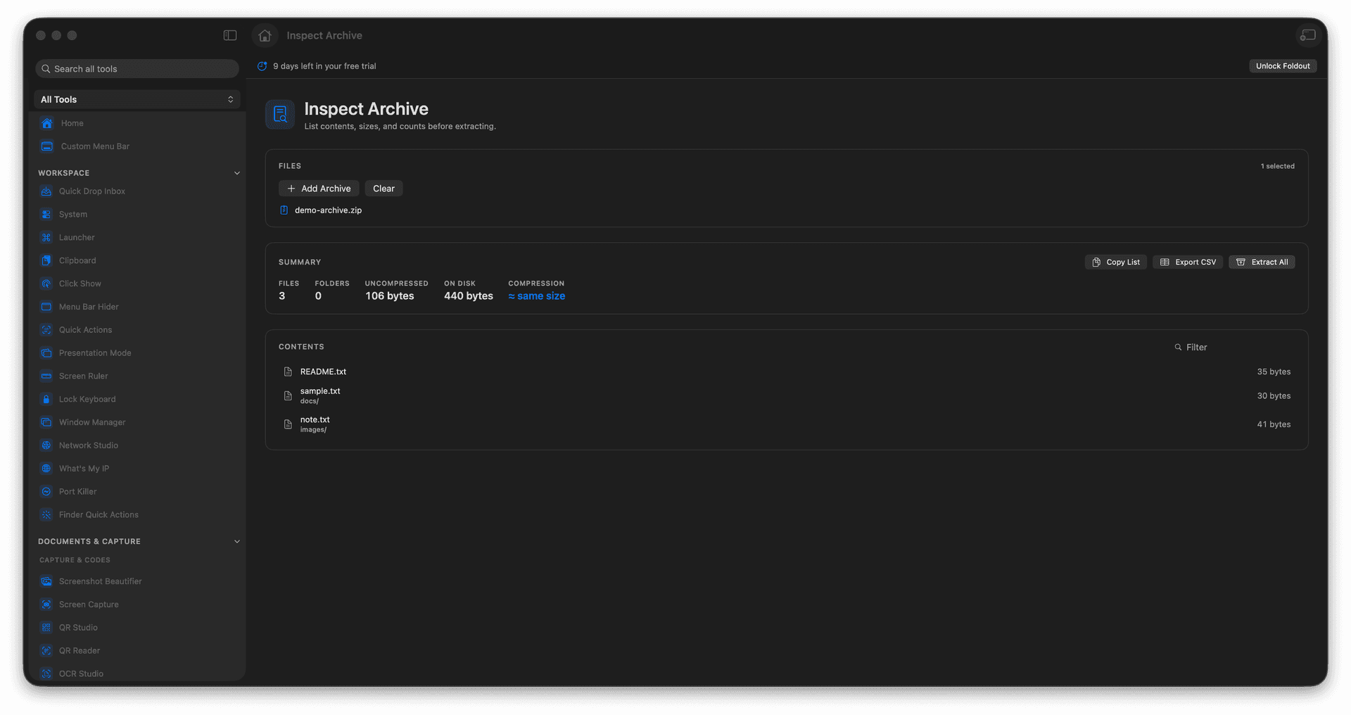 Foldout Look inside archives before extracting tool screen on macOS