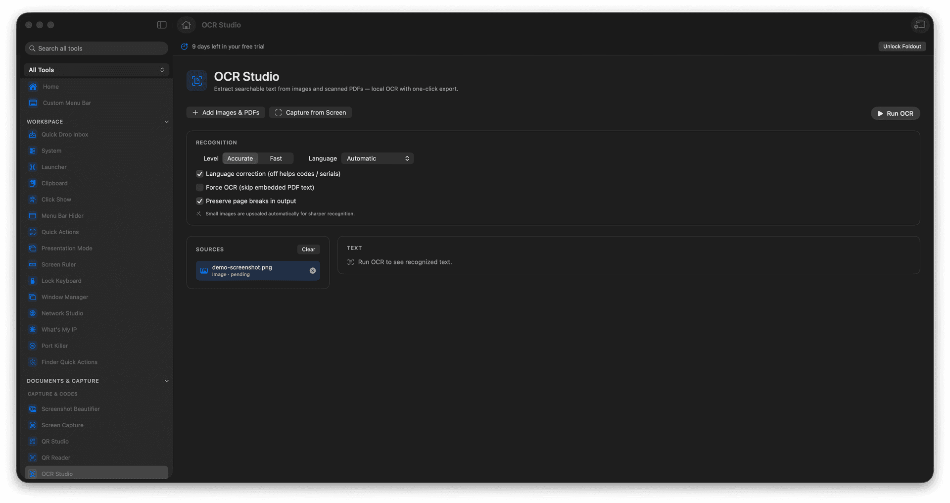 Foldout Extract searchable text from images and scanned PDFs tool screen on macOS