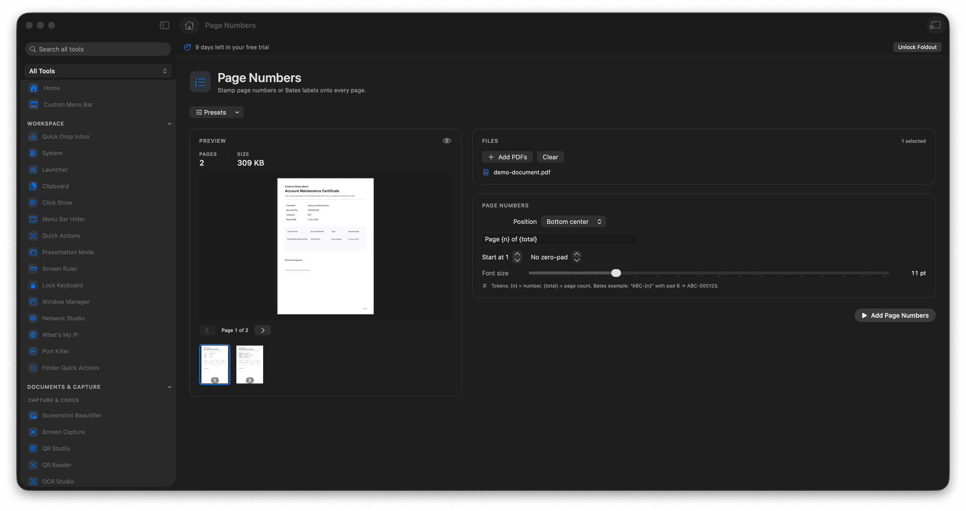 Foldout Add page numbers or Bates labels to PDFs tool screen on macOS
