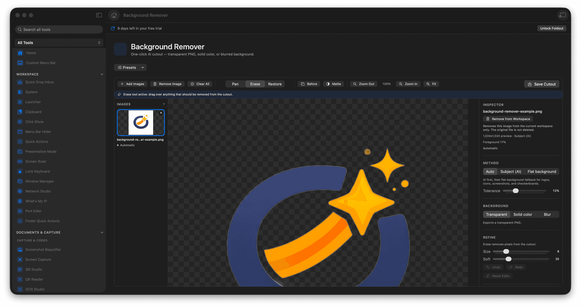 Foldout AI Background Remover tool screen on macOS with a cutout preview and refinement brushes