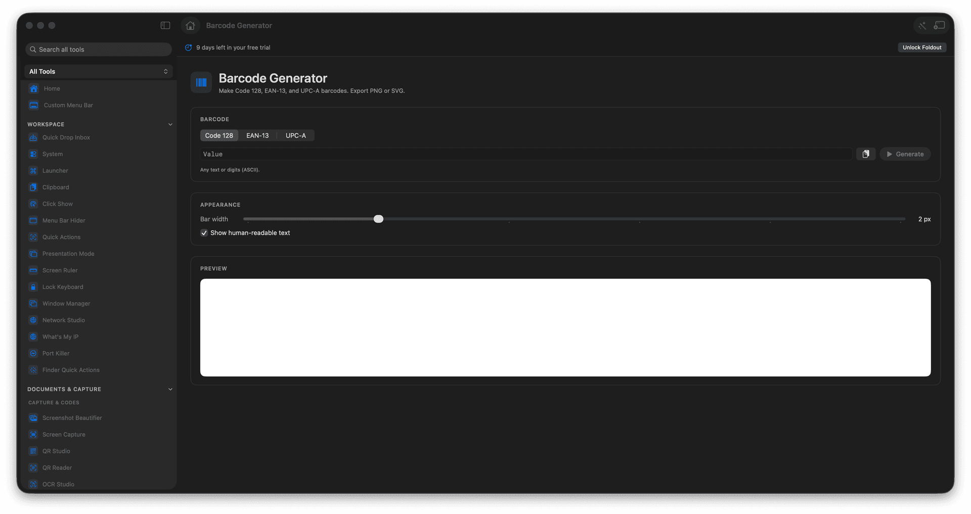 Foldout Create Code 128, EAN-13, and UPC-A barcodes tool screen on macOS