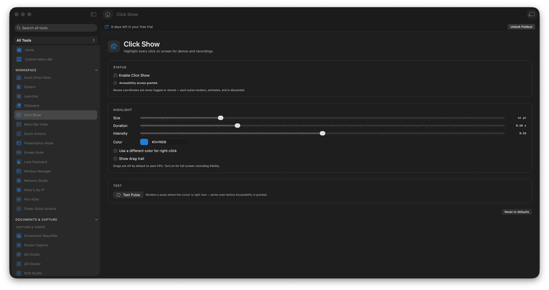 Foldout Highlight clicks for demos and recordings tool screen on macOS