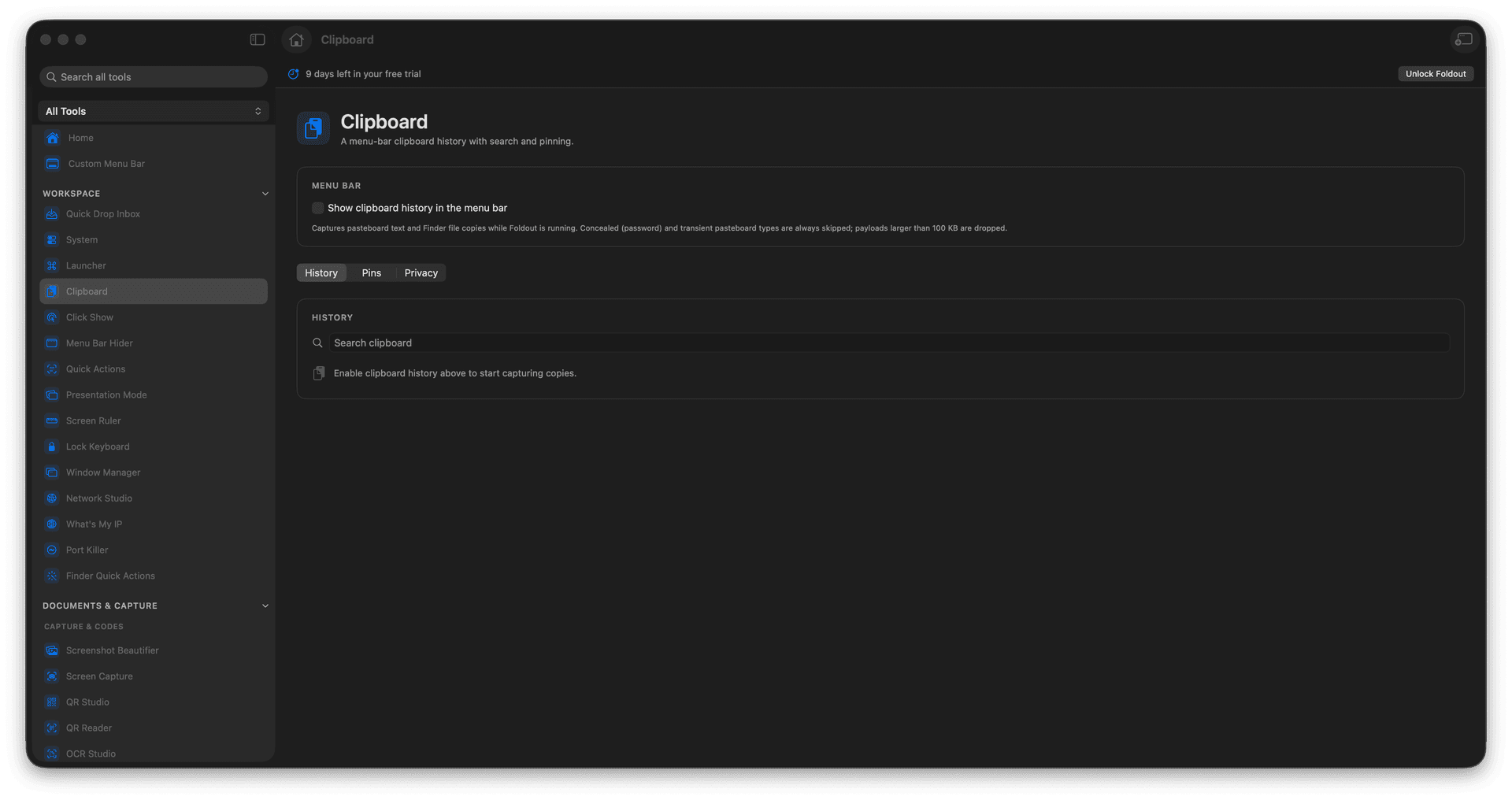 Foldout Search and pin clipboard history from the menu bar tool screen on macOS