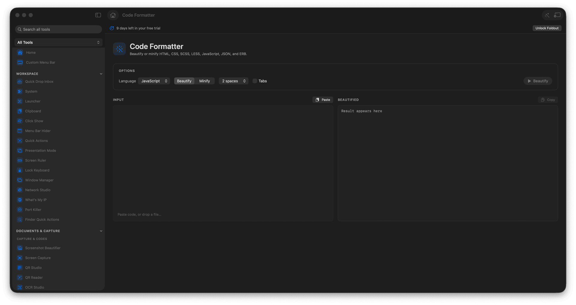 Foldout Beautify or minify common code formats tool screen on macOS