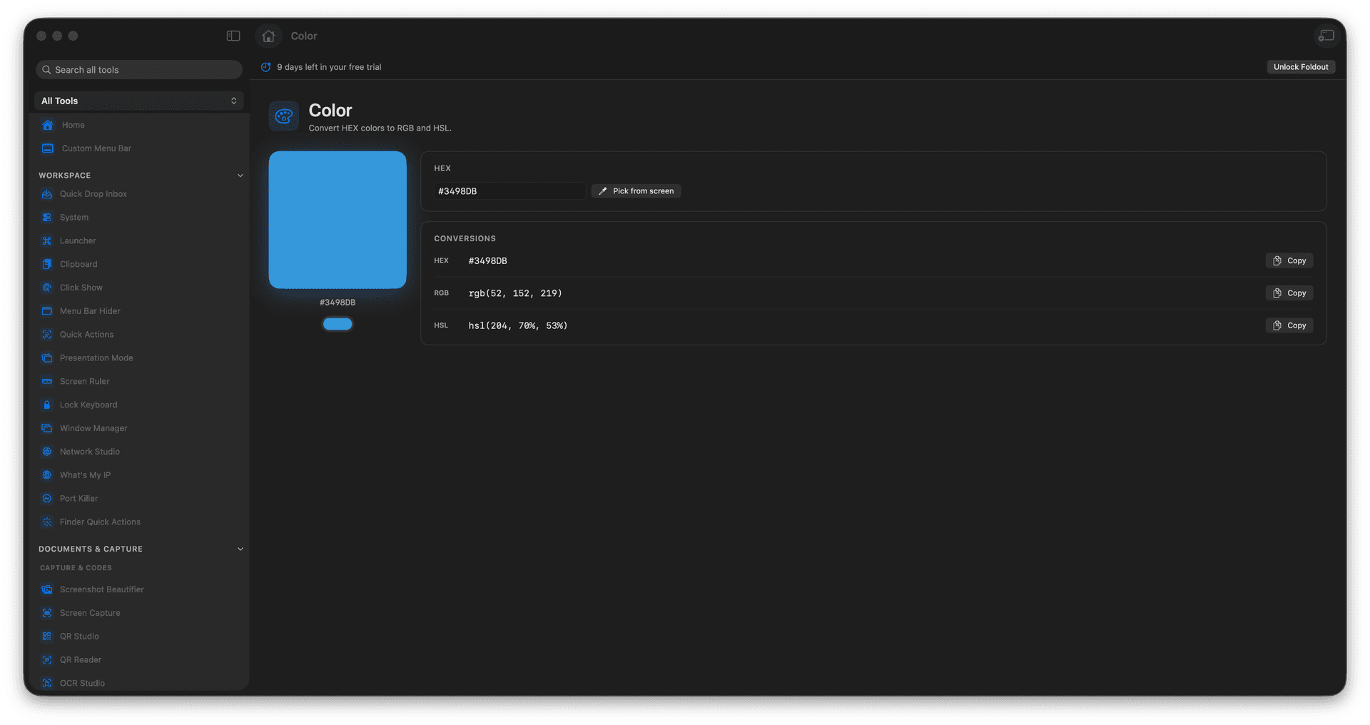 Foldout Convert HEX colors to RGB and HSL tool screen on macOS