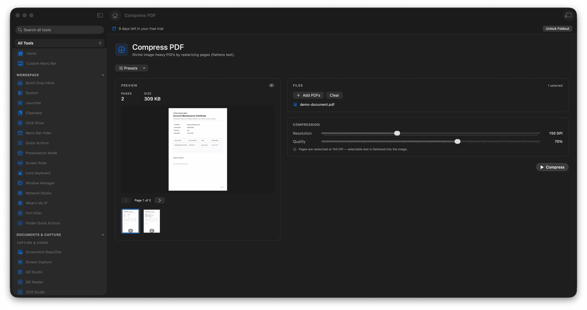 Foldout Shrink image-heavy PDFs tool screen on macOS