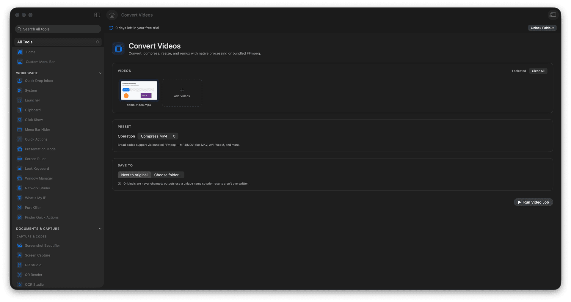 Foldout Convert, compress, resize, or remux video files tool screen on macOS