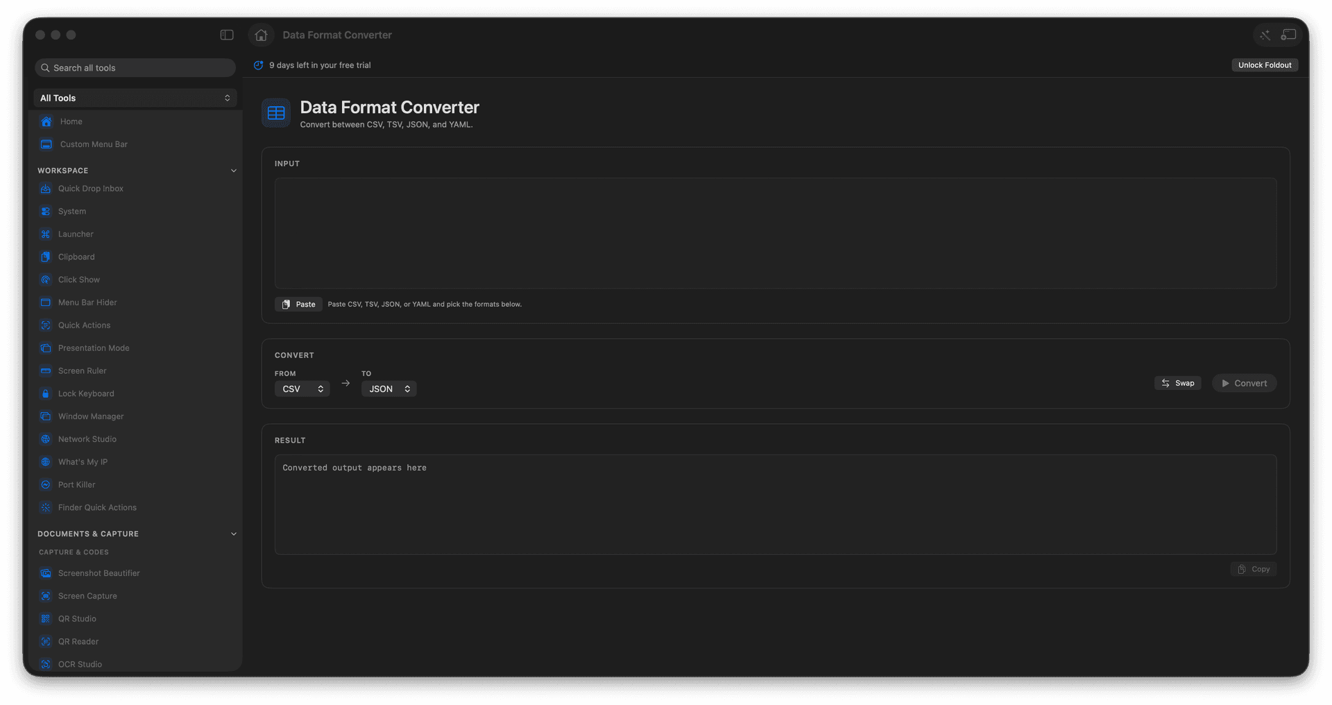 Foldout Convert between CSV, TSV, JSON, and YAML tool screen on macOS