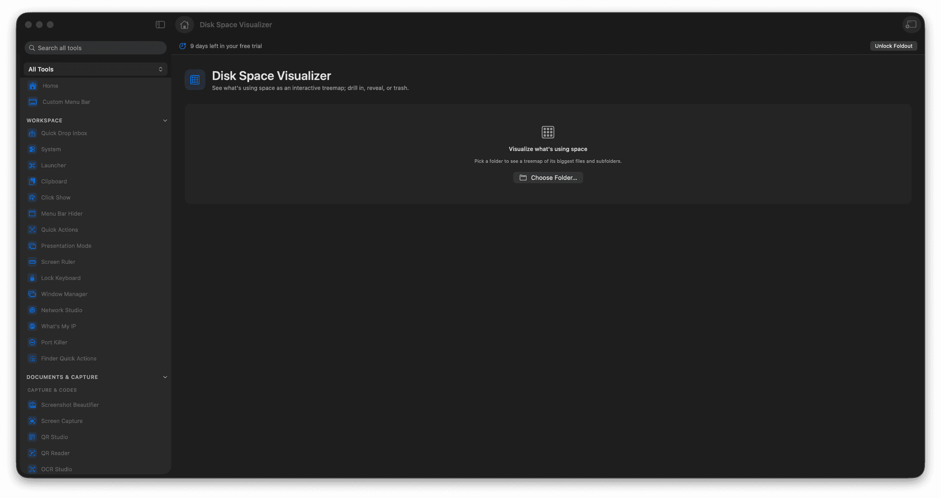 Foldout See what is using space as an interactive disk map tool screen on macOS