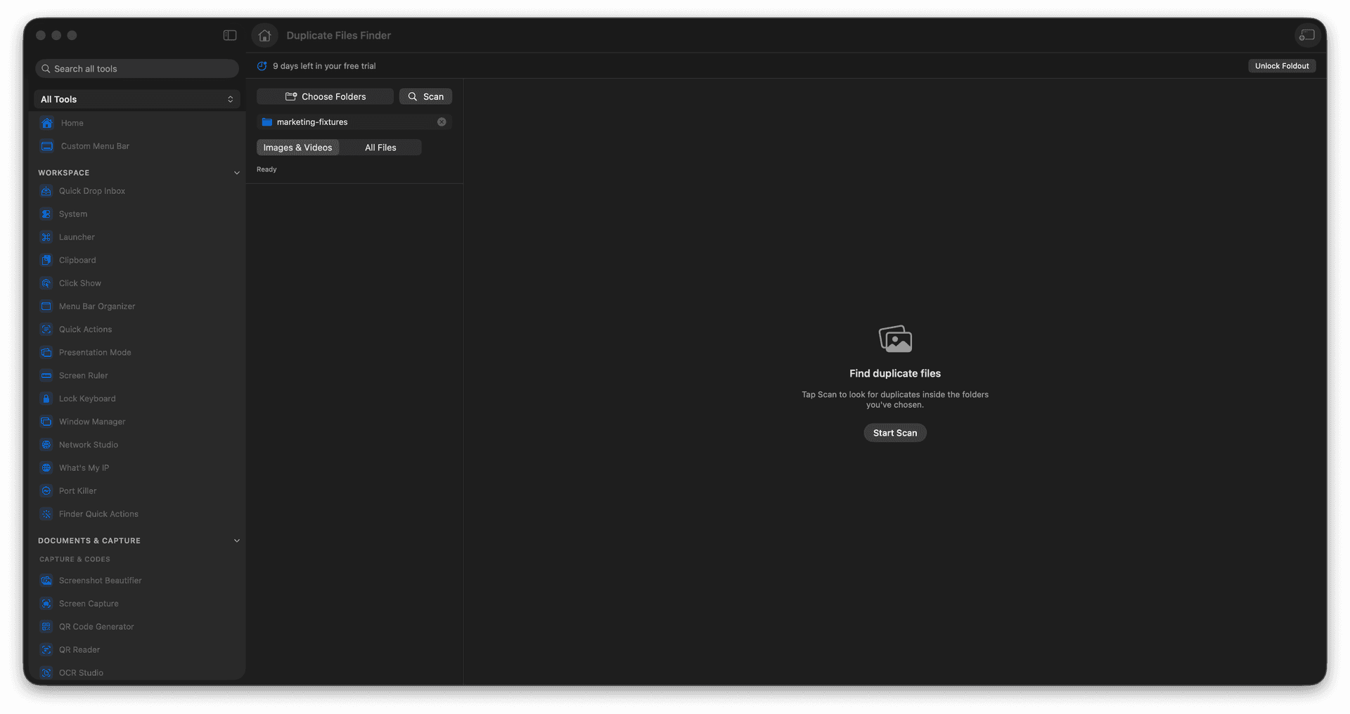 Foldout Find exact duplicates and high-confidence similar media before deleting anything tool screen on macOS