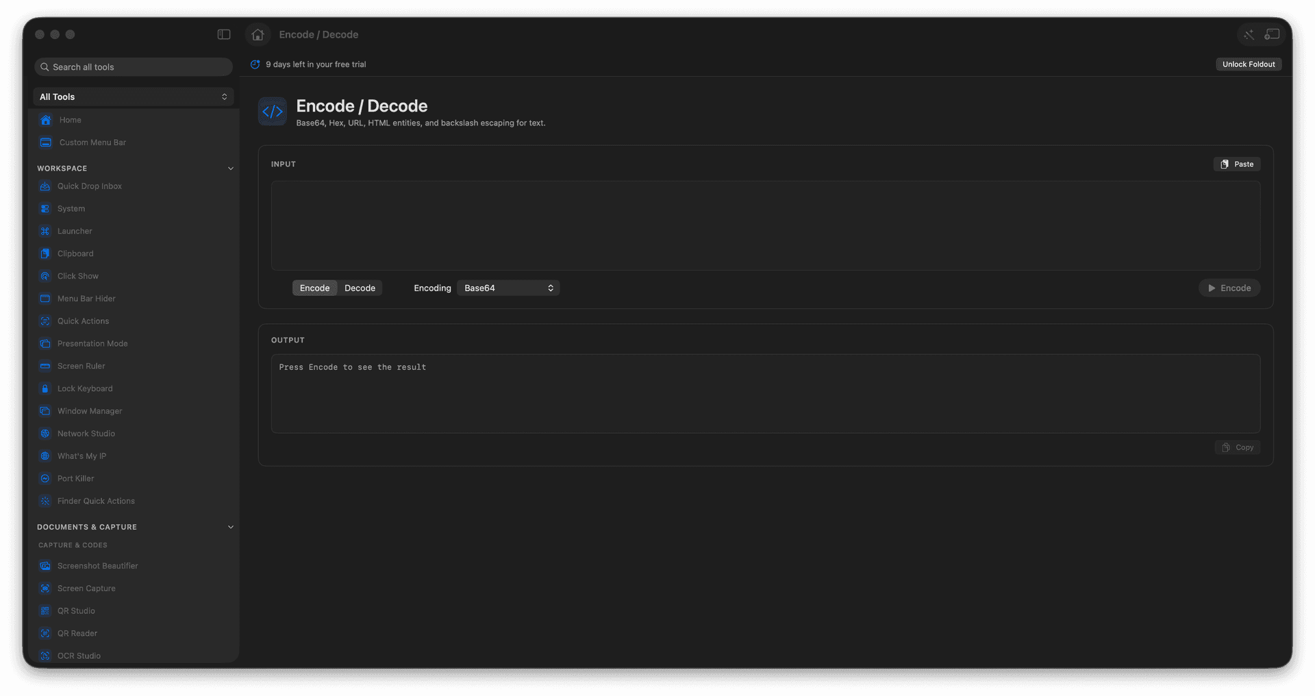 Foldout Encode and decode common text formats tool screen on macOS