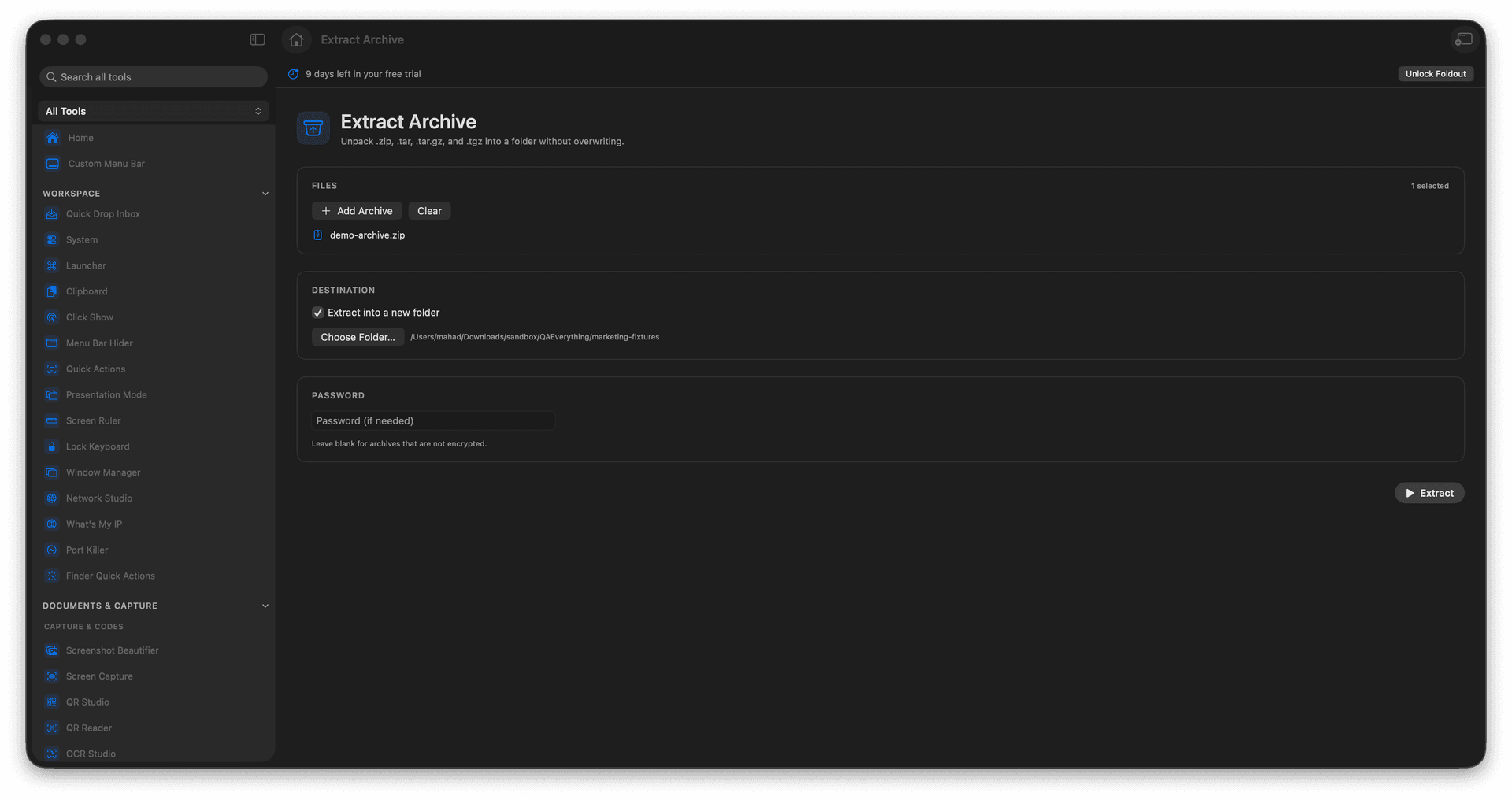 Foldout Extract archives without accidental overwrites tool screen on macOS