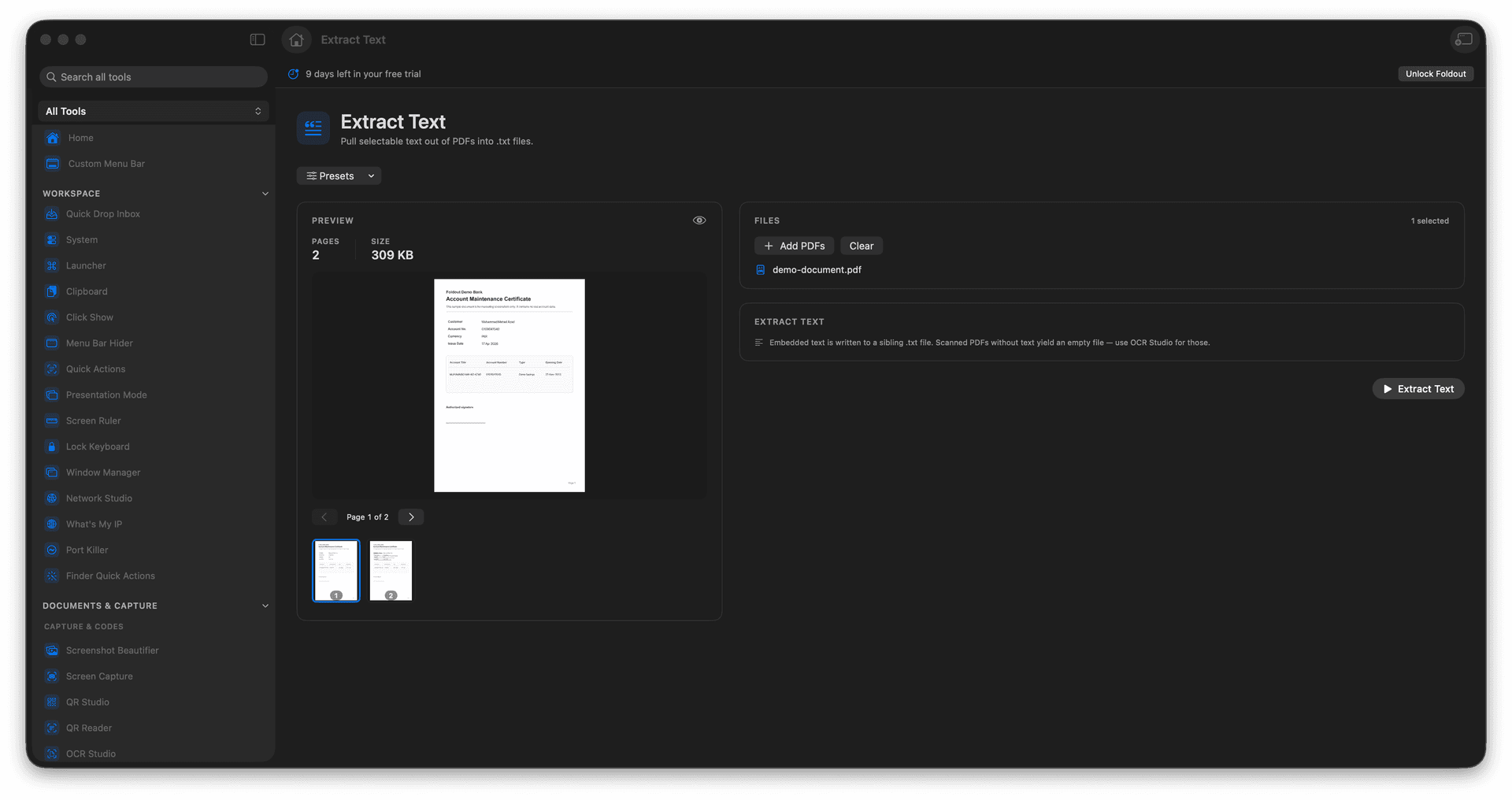 Foldout Pull selectable text out of PDFs tool screen on macOS