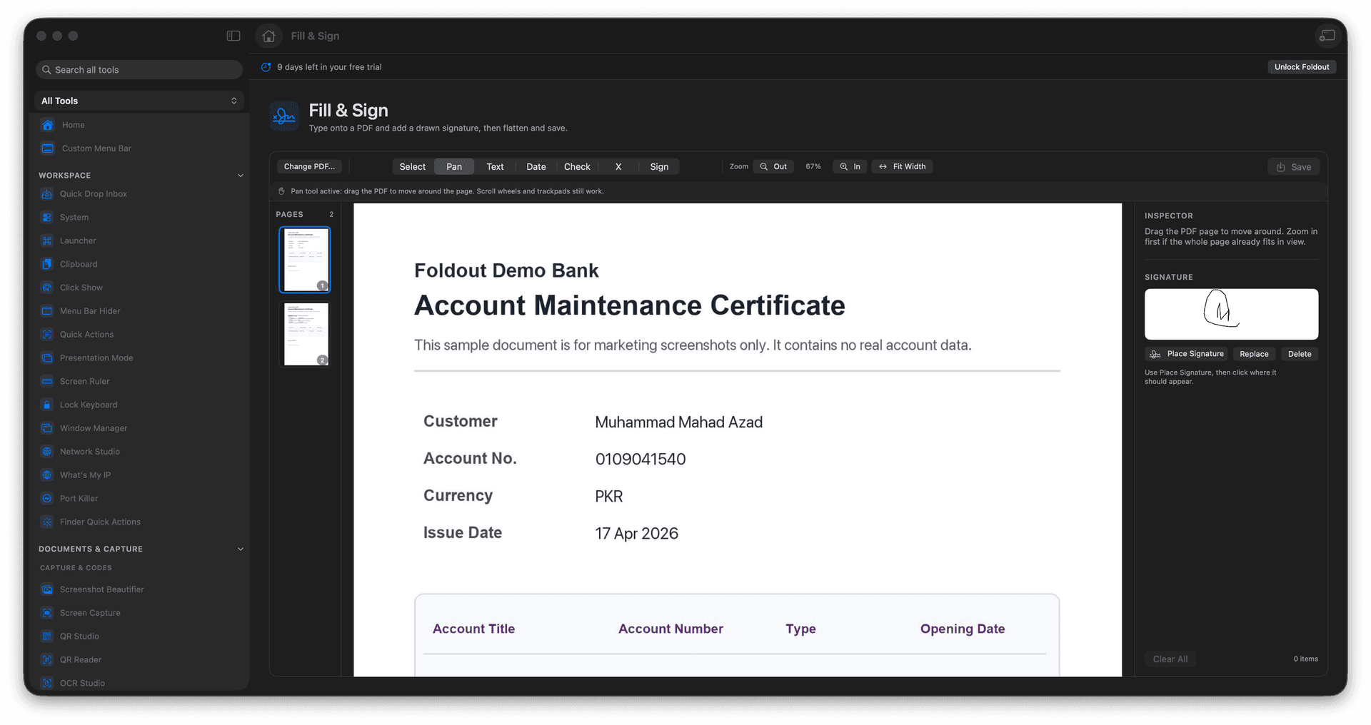 Foldout Fill and visually sign multi-page PDFs tool screen on macOS