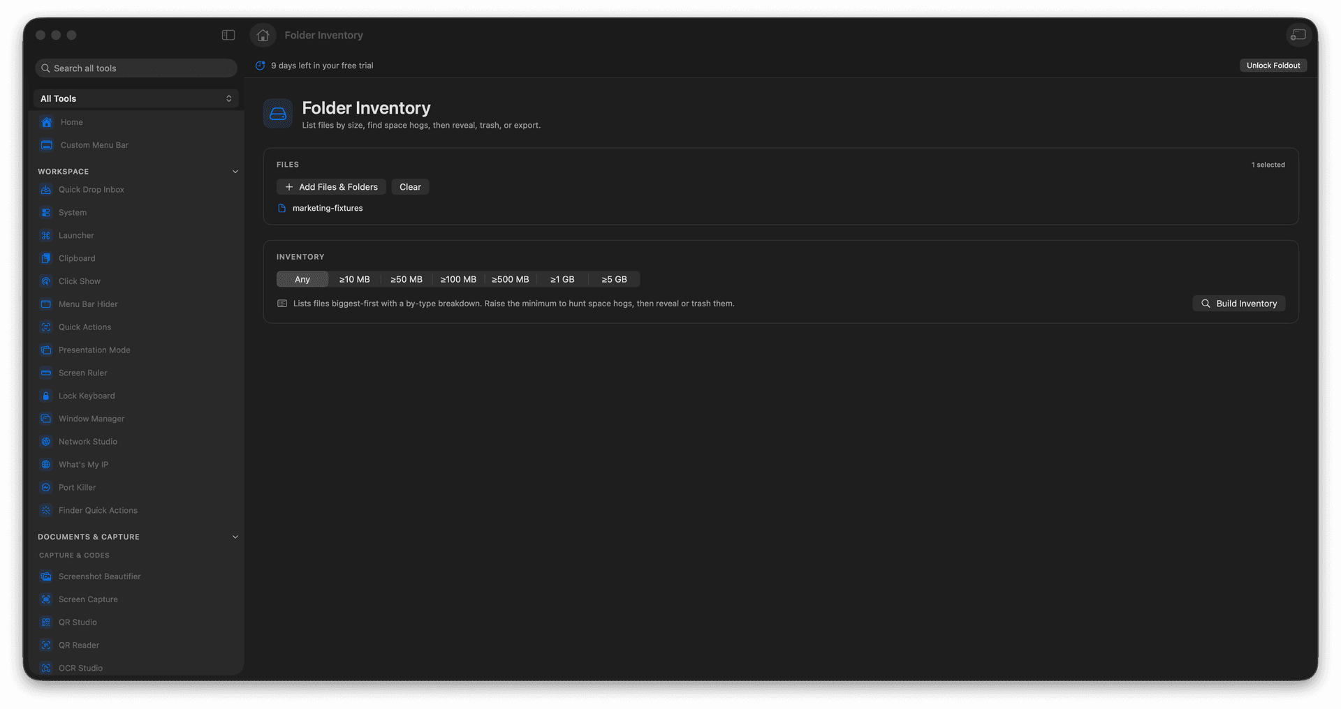 Foldout List files by size so space hogs are easy to spot tool screen on macOS
