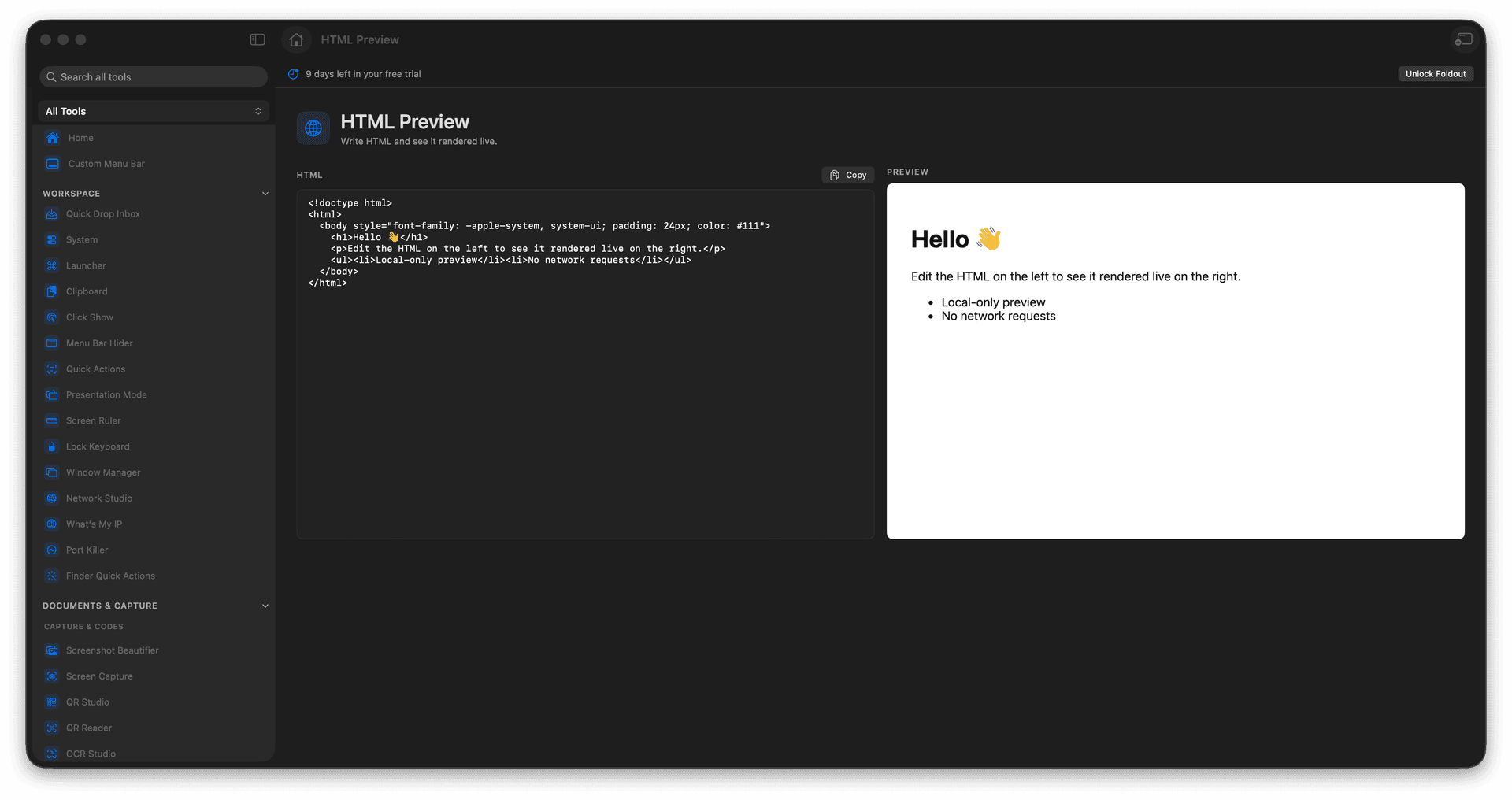 Foldout Write HTML and see it rendered live tool screen on macOS