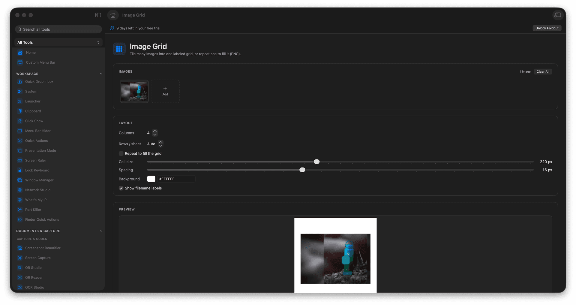 Foldout Tile images into one labeled grid tool screen on macOS
