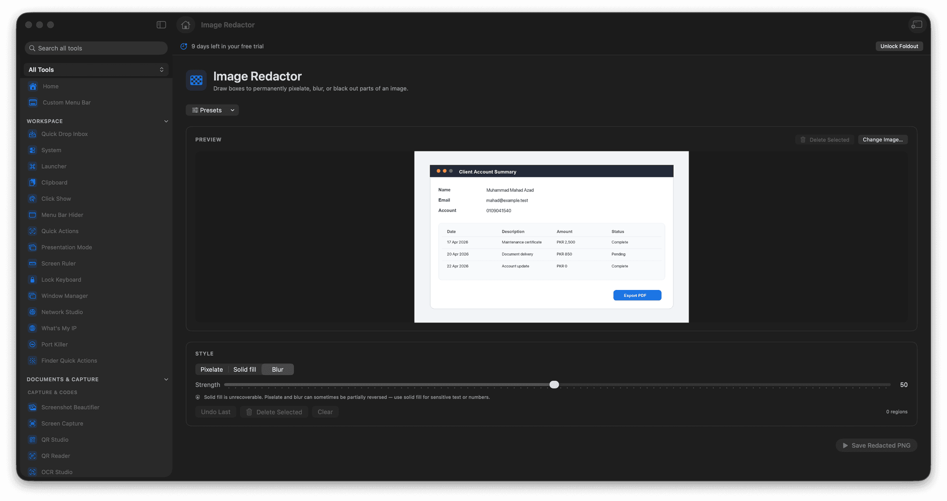 Foldout Permanently hide sensitive areas in images tool screen on macOS