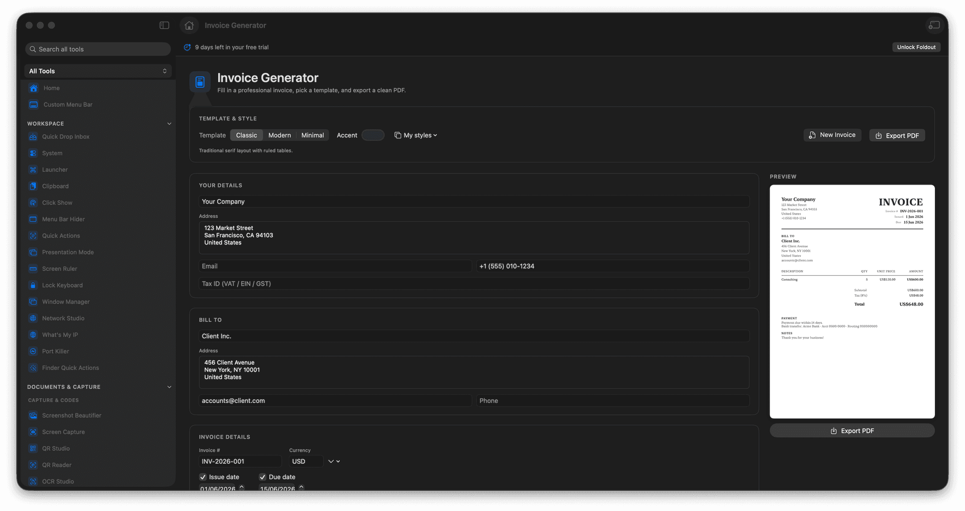 Foldout Fill an invoice and export a clean PDF tool screen on macOS