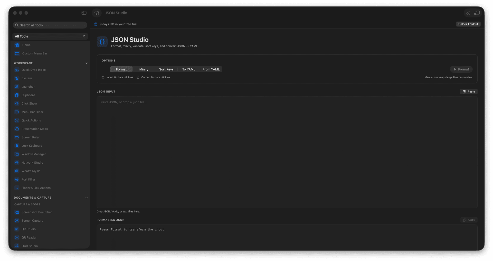 Foldout Format, convert, and navigate JSON as a tree tool screen on macOS