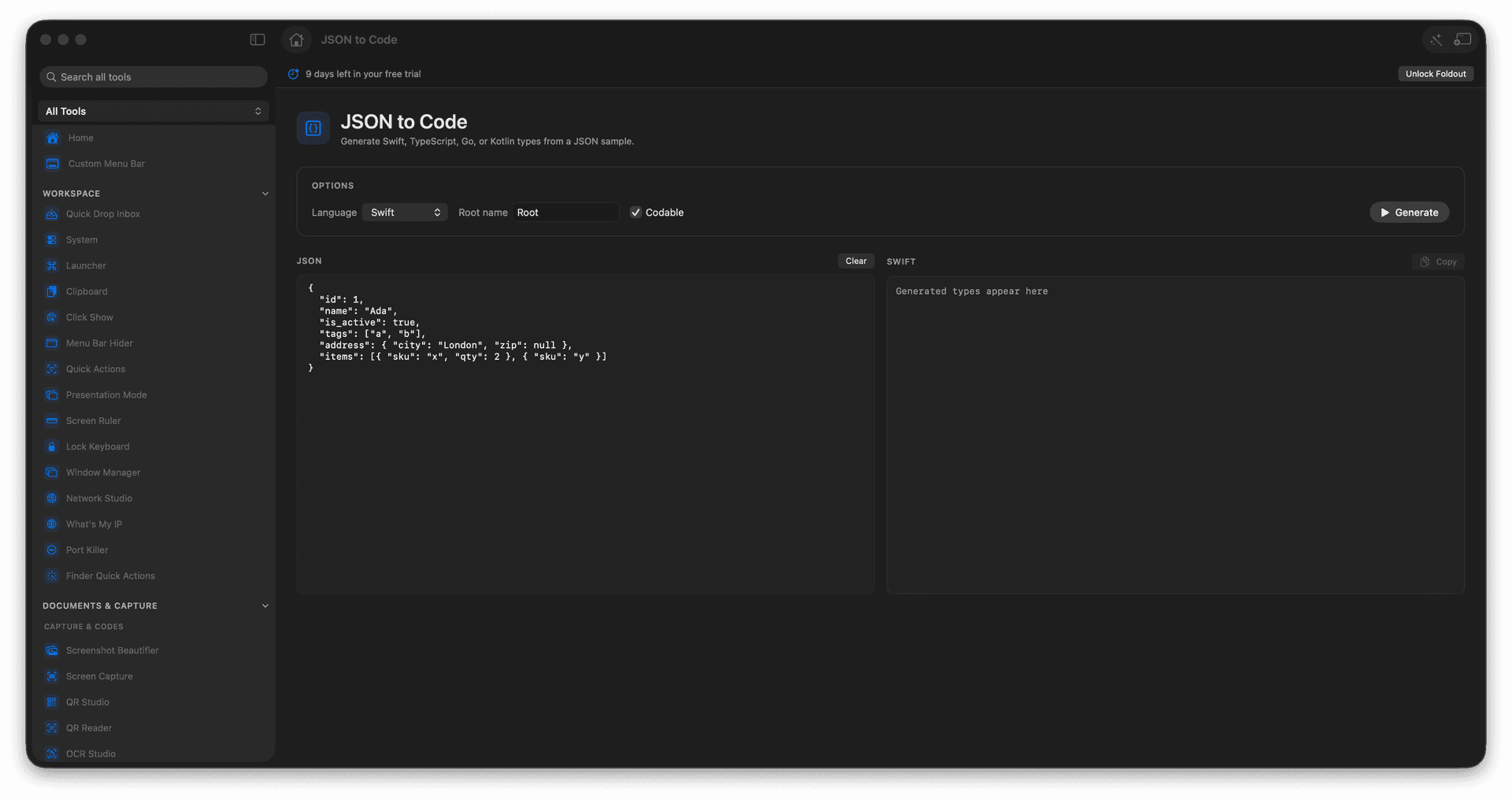 Foldout Generate typed models from a JSON sample tool screen on macOS