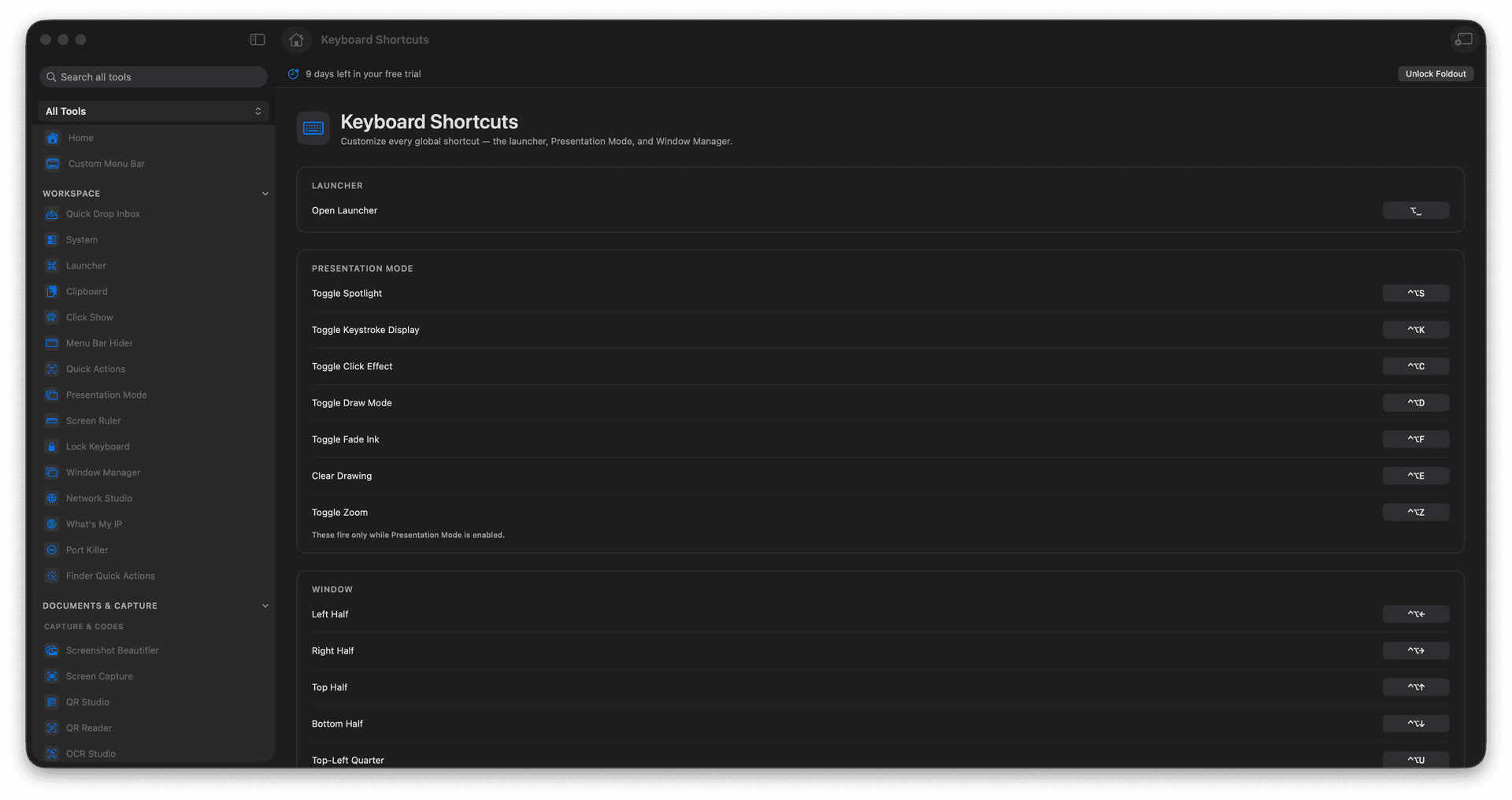 Foldout Customize Foldout global shortcuts tool screen on macOS