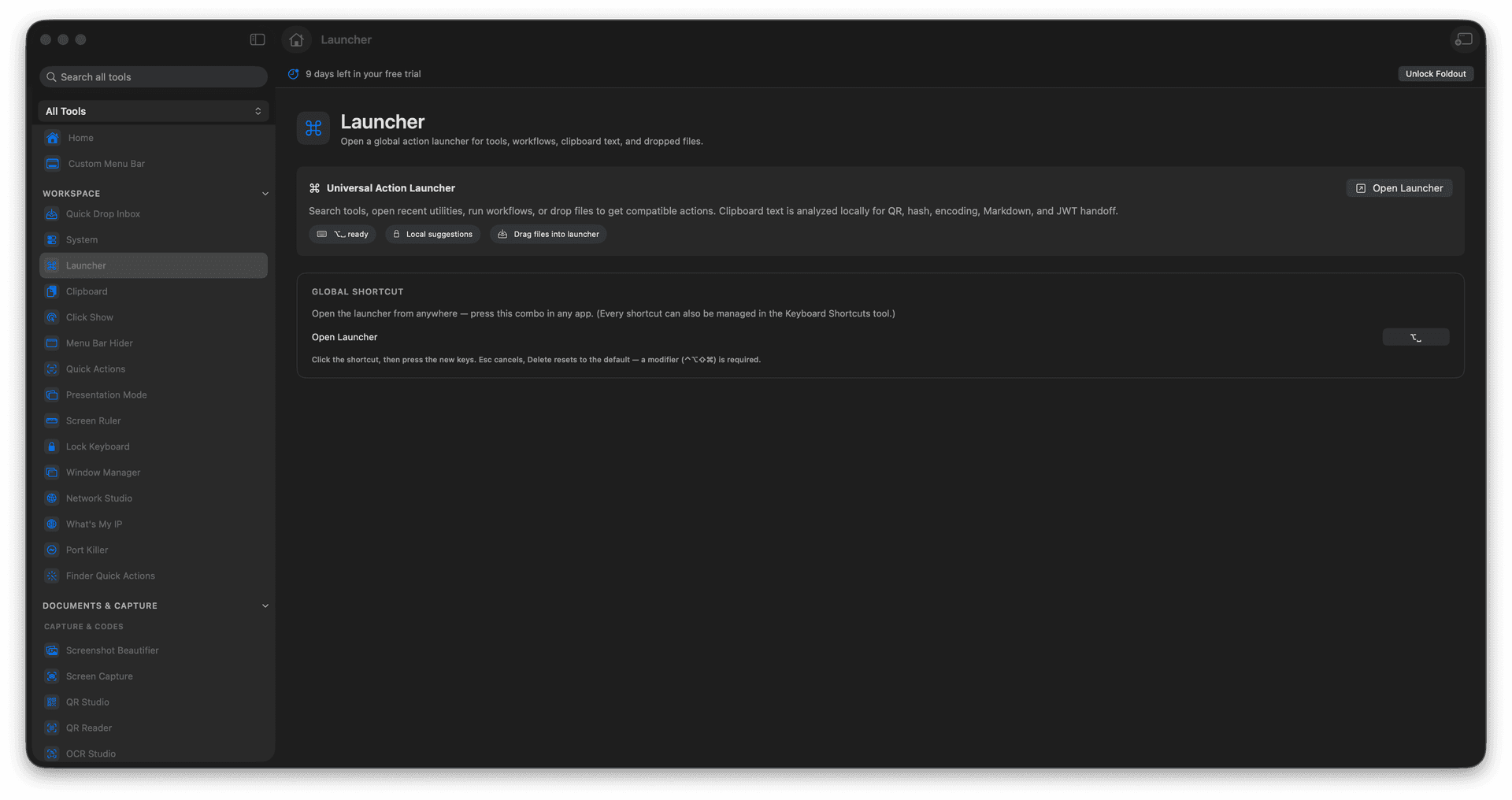 Foldout Open a global launcher for tools and actions tool screen on macOS
