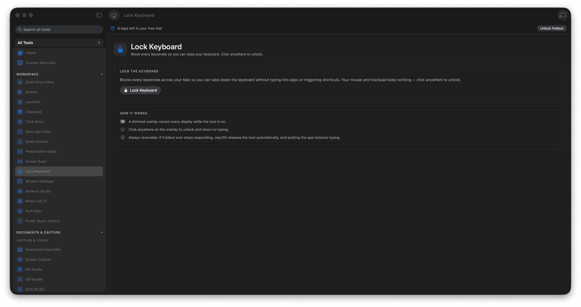 Foldout Temporarily block keystrokes so you can clean your keyboard tool screen on macOS