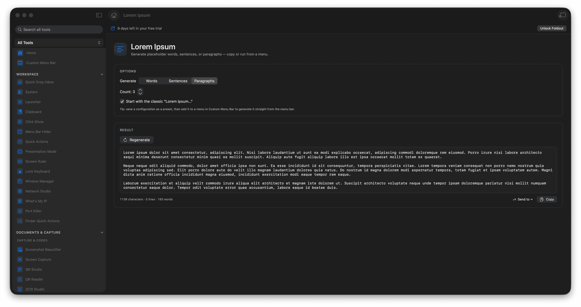 Foldout Generate placeholder words, sentences, or paragraphs tool screen on macOS