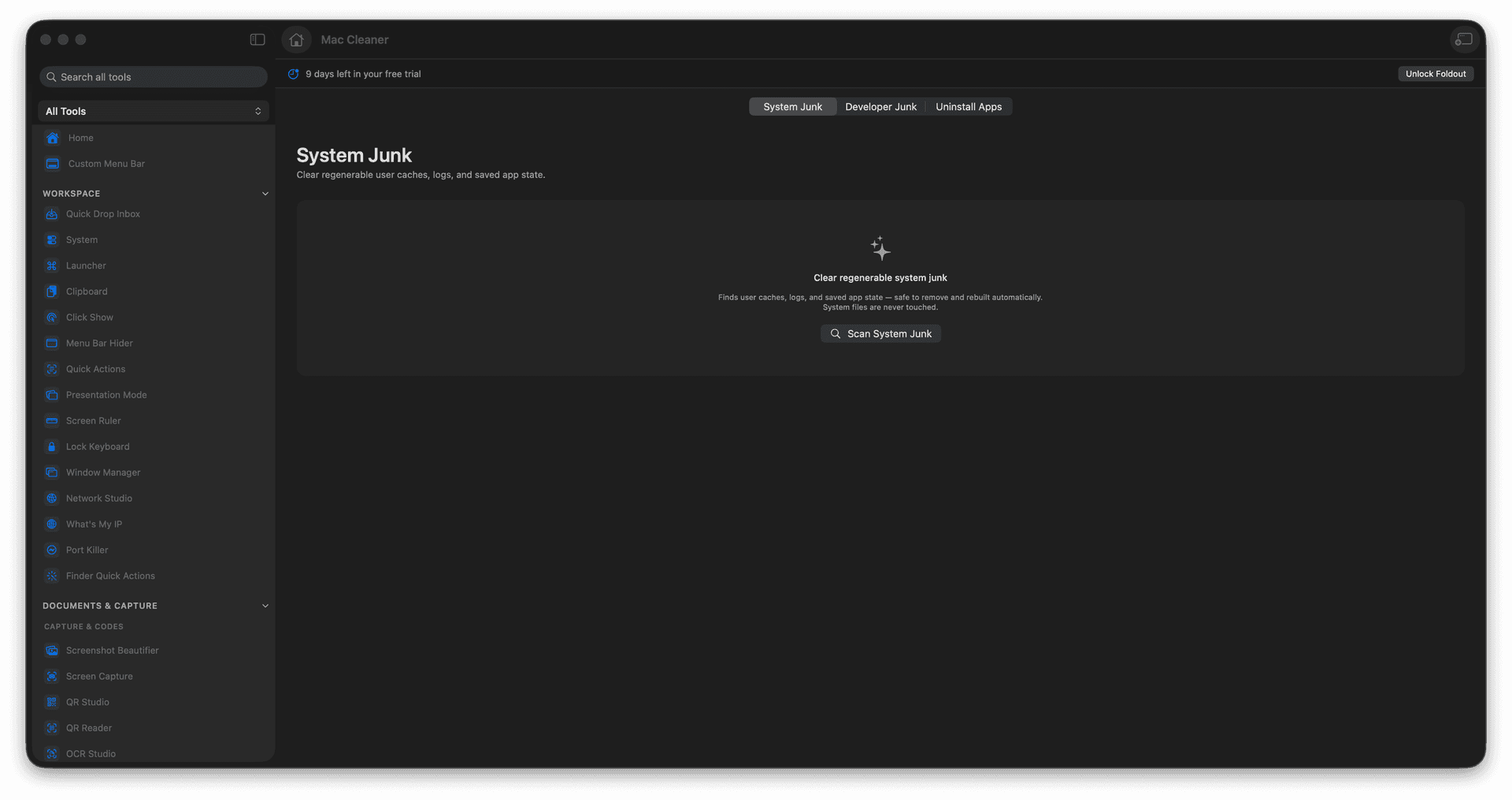 Foldout Free up space from caches, logs, developer junk, and app leftovers tool screen on macOS
