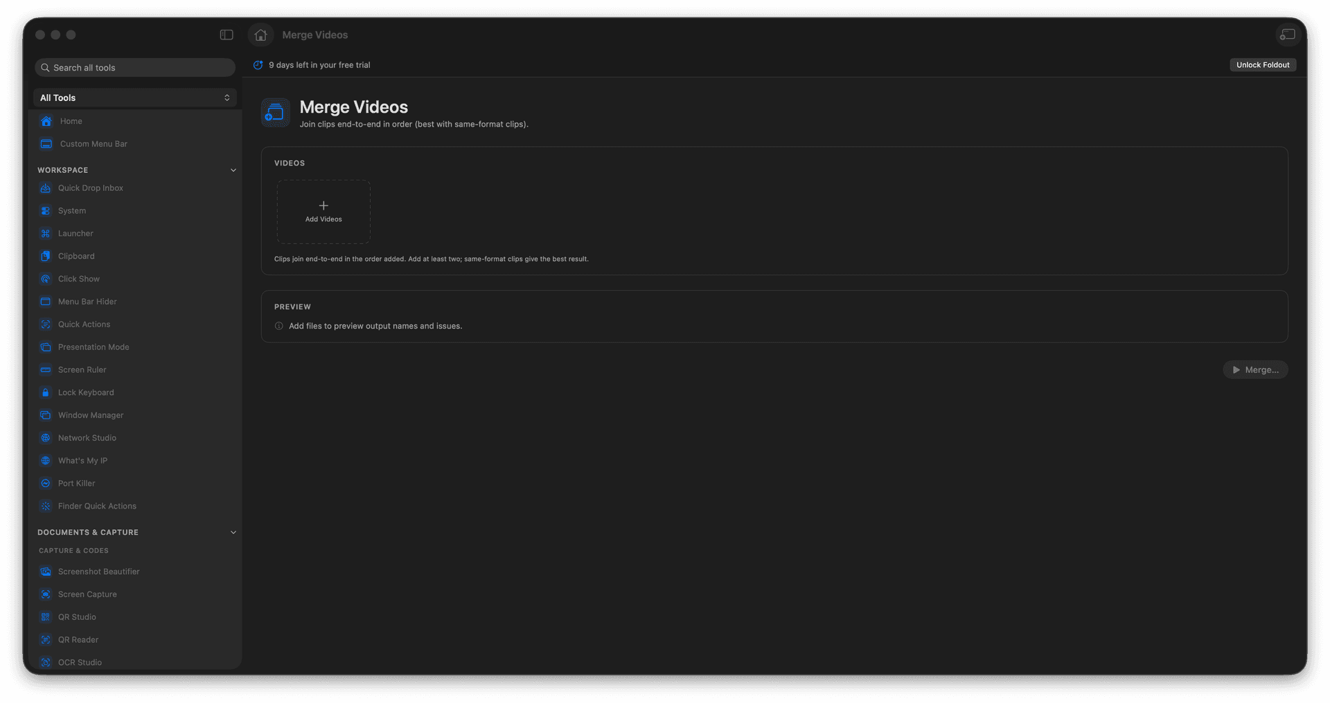Foldout Join video clips end to end tool screen on macOS