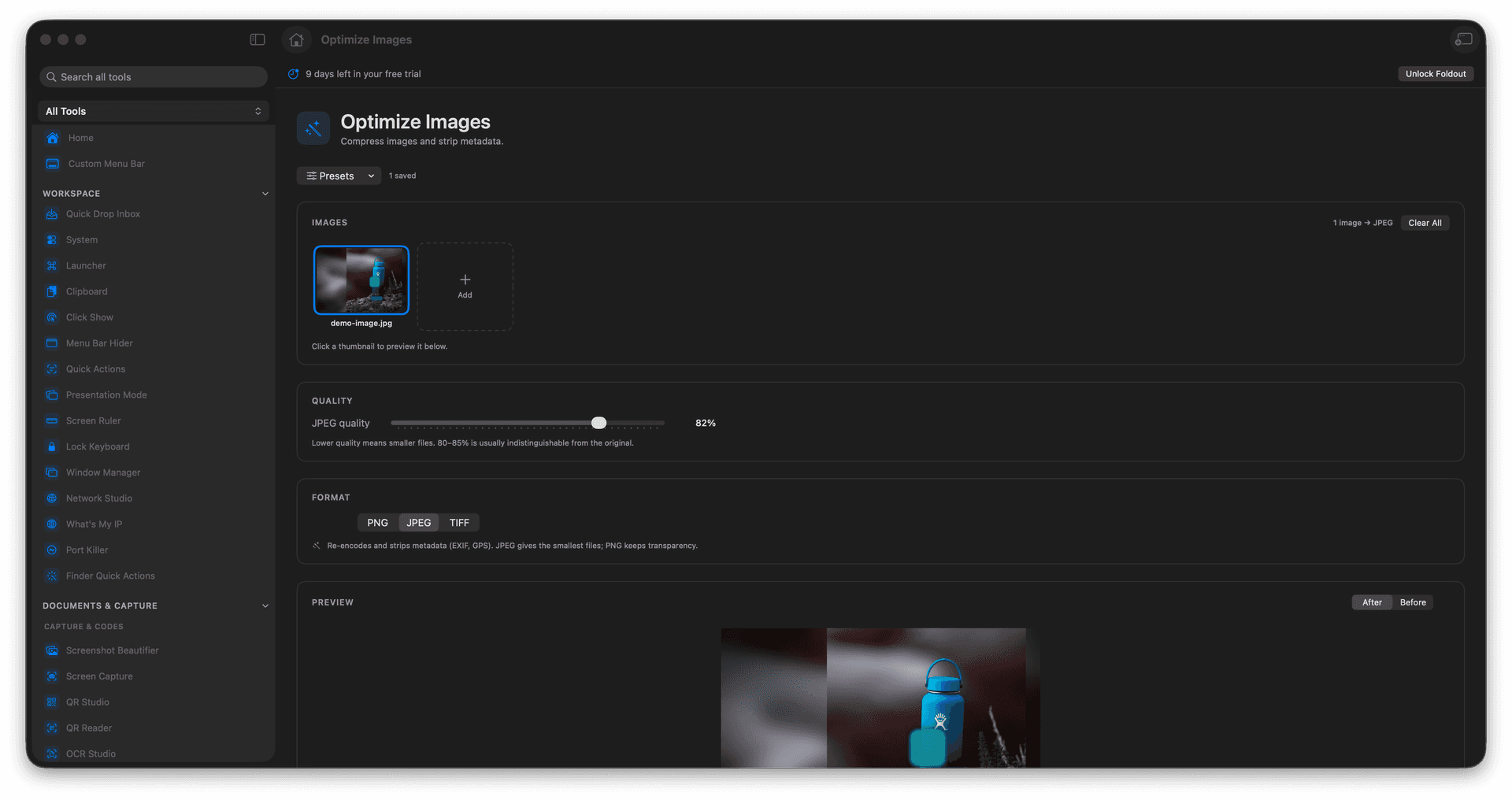 Foldout Compress images and remove metadata before sharing tool screen on macOS