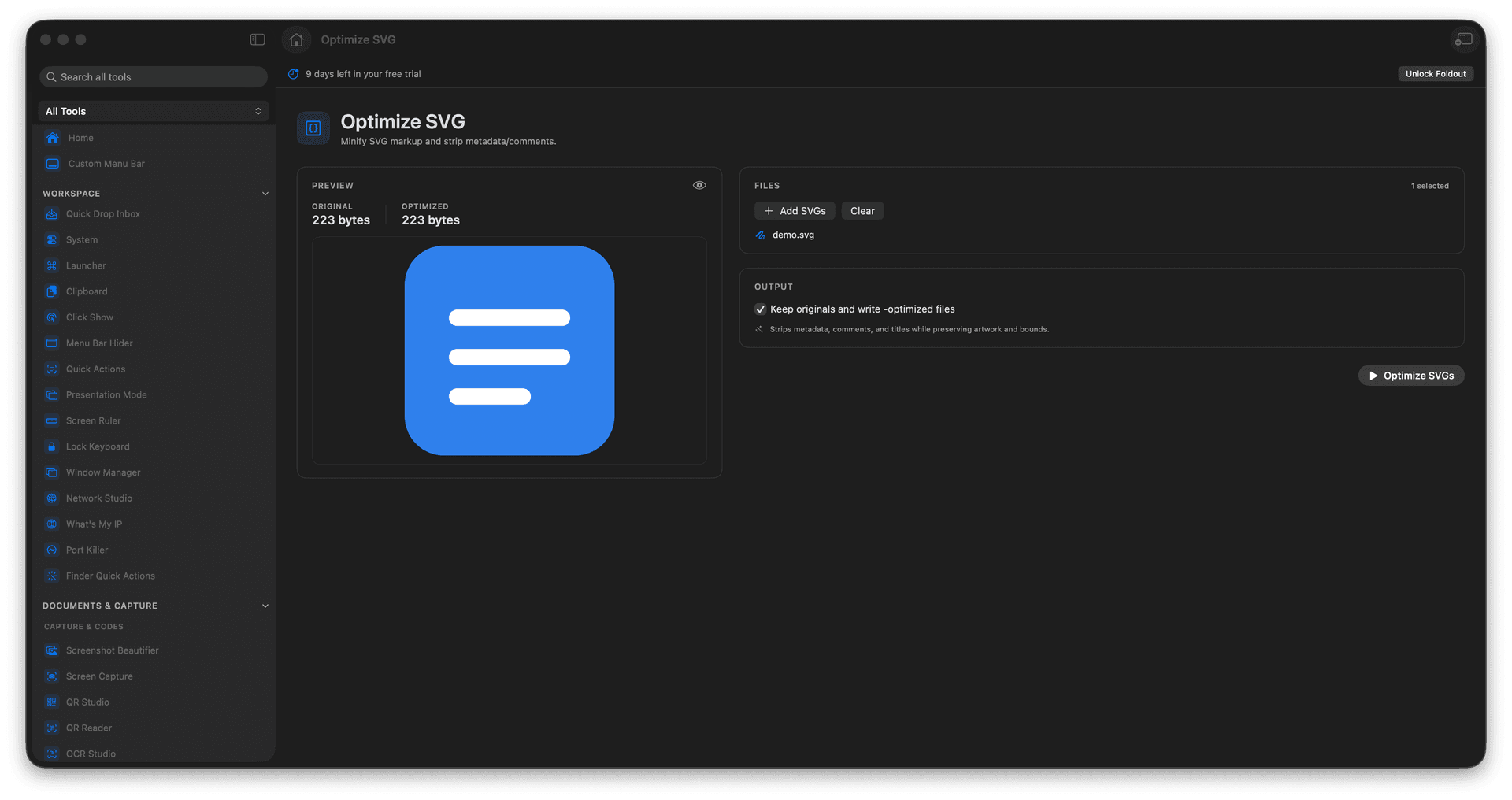 Foldout Minify SVG files and remove unnecessary markup tool screen on macOS