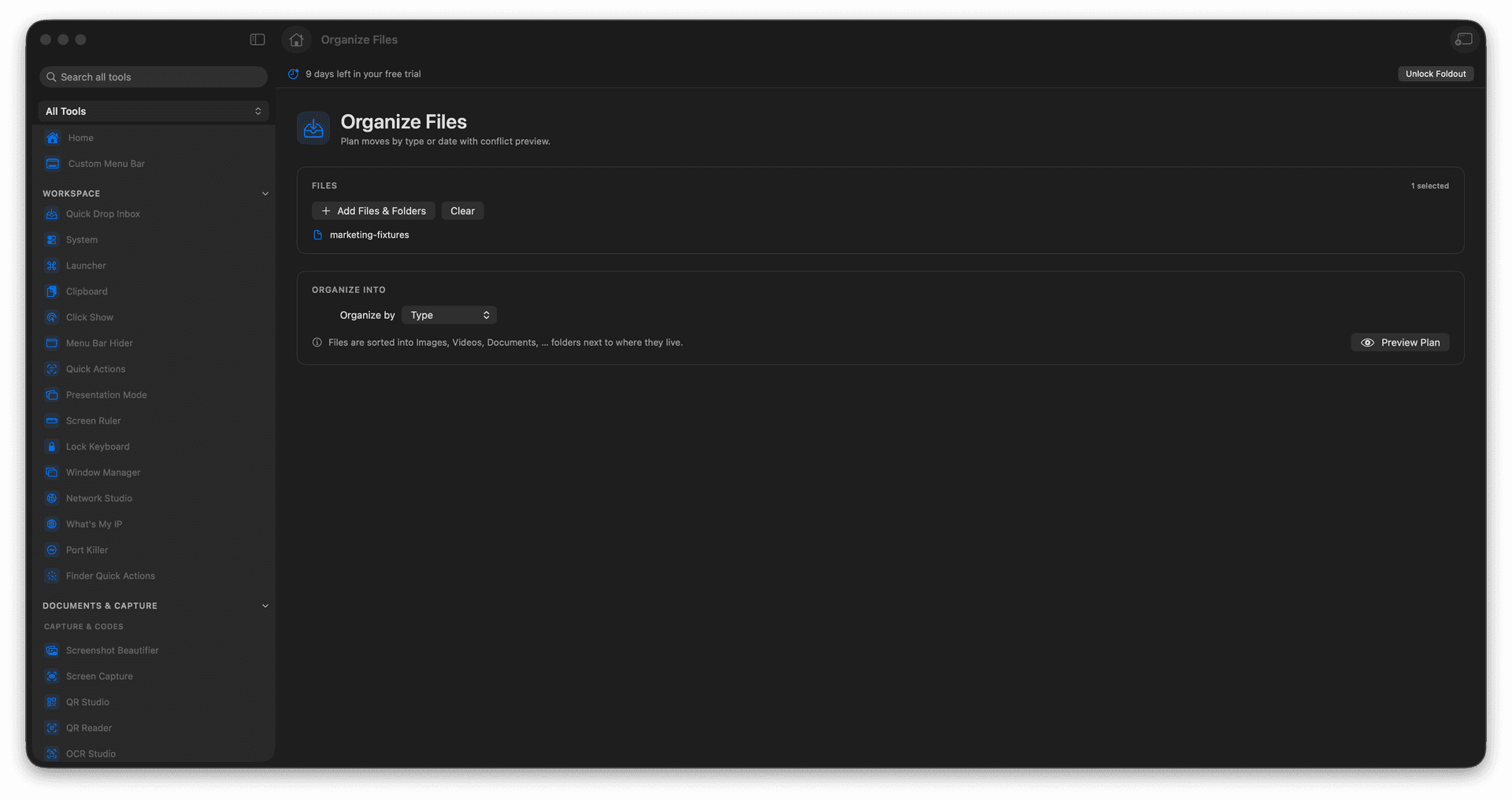 Foldout Plan file moves by type or date with conflict preview tool screen on macOS