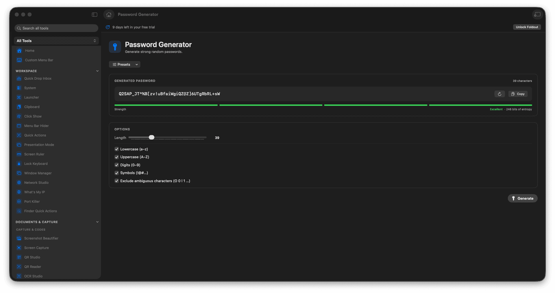 Foldout Generate strong random passwords tool screen on macOS