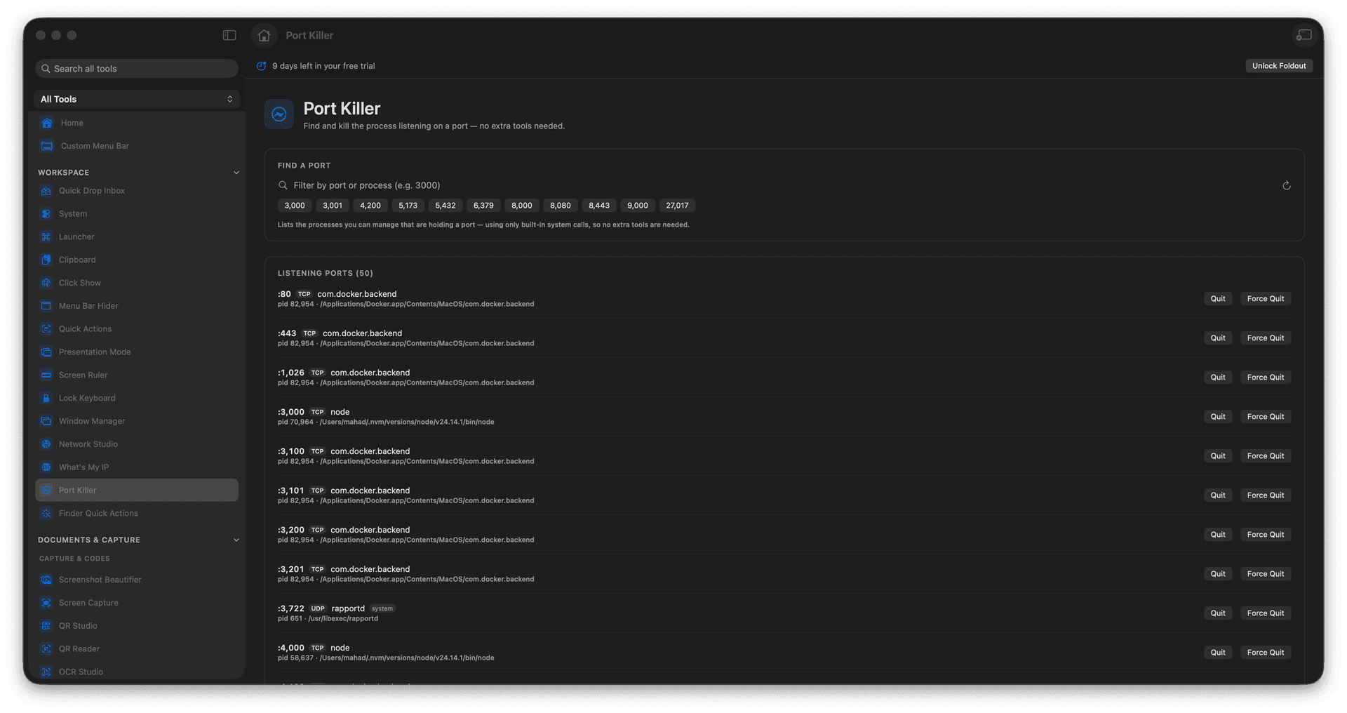 Foldout Find and kill the process listening on a port tool screen on macOS
