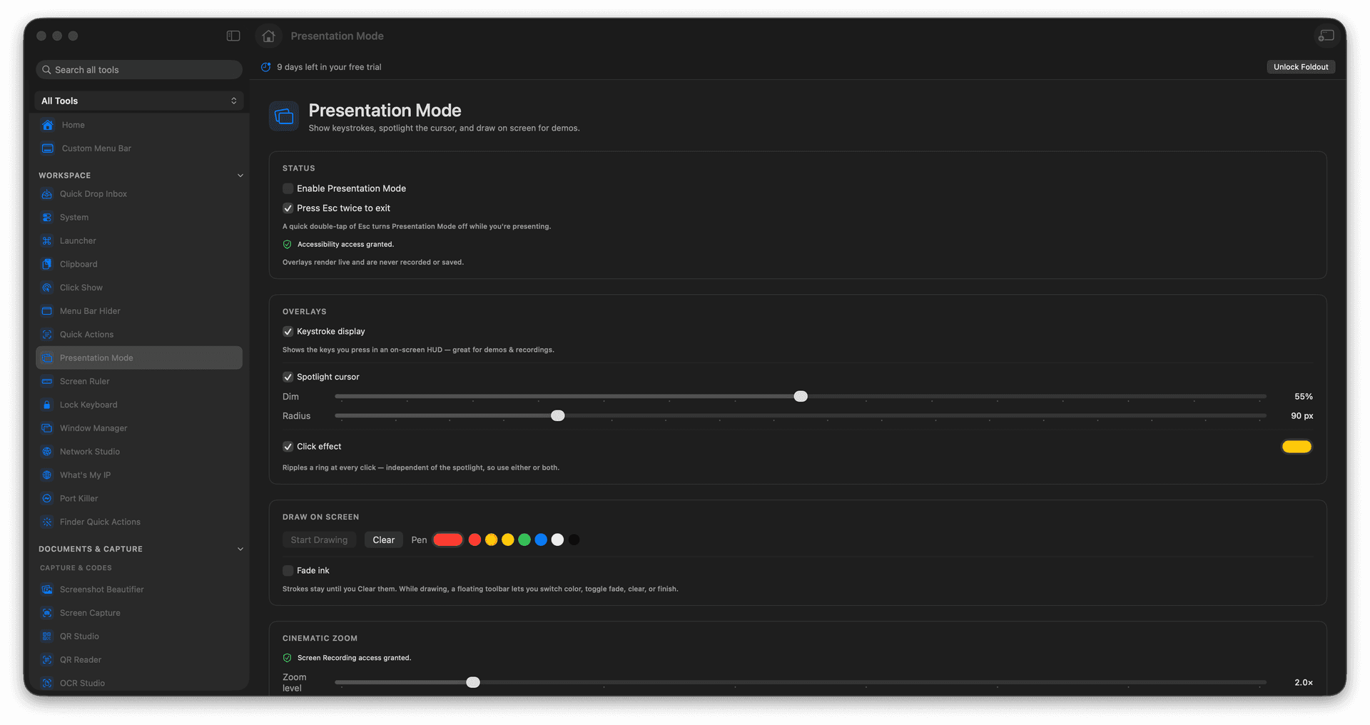 Foldout Show keystrokes, spotlight the cursor, and draw on screen tool screen on macOS