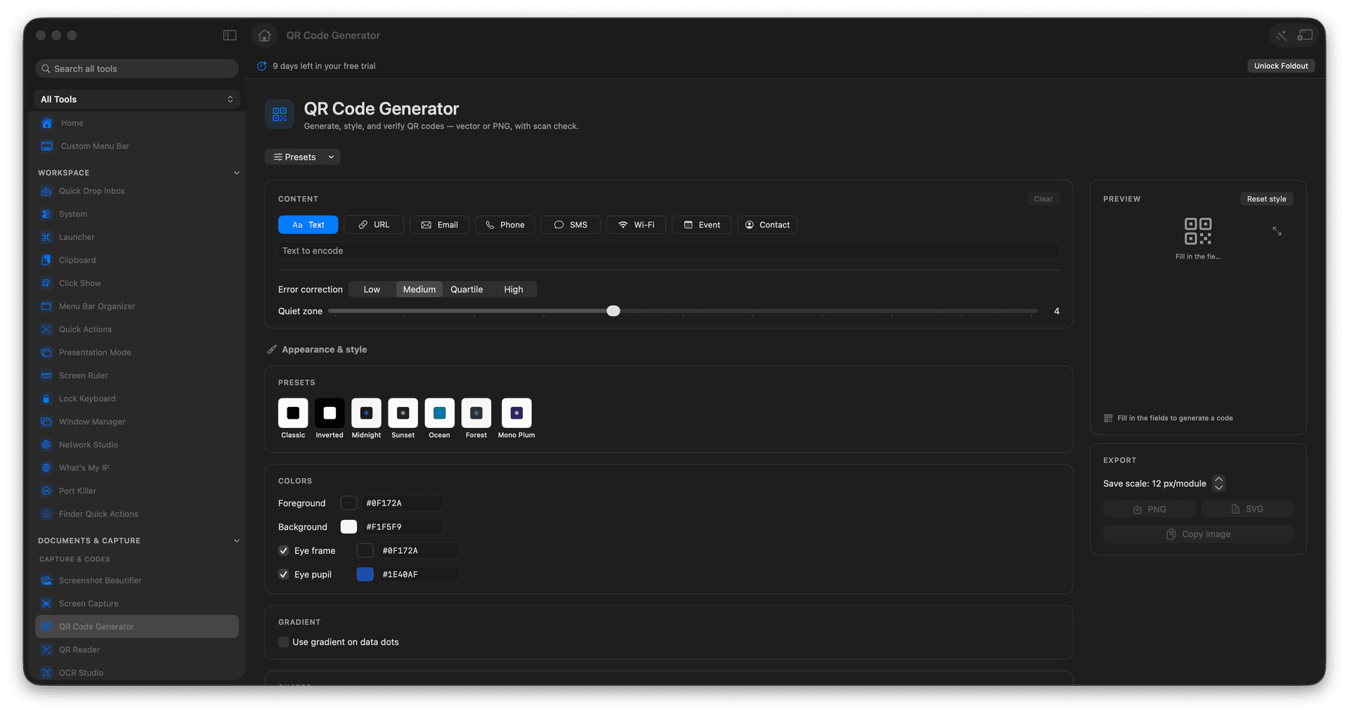 Foldout Generate, style, and verify QR codes tool screen on macOS