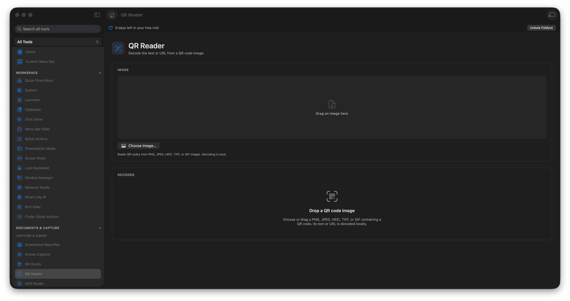 Foldout Decode QR codes from images or the screen tool screen on macOS