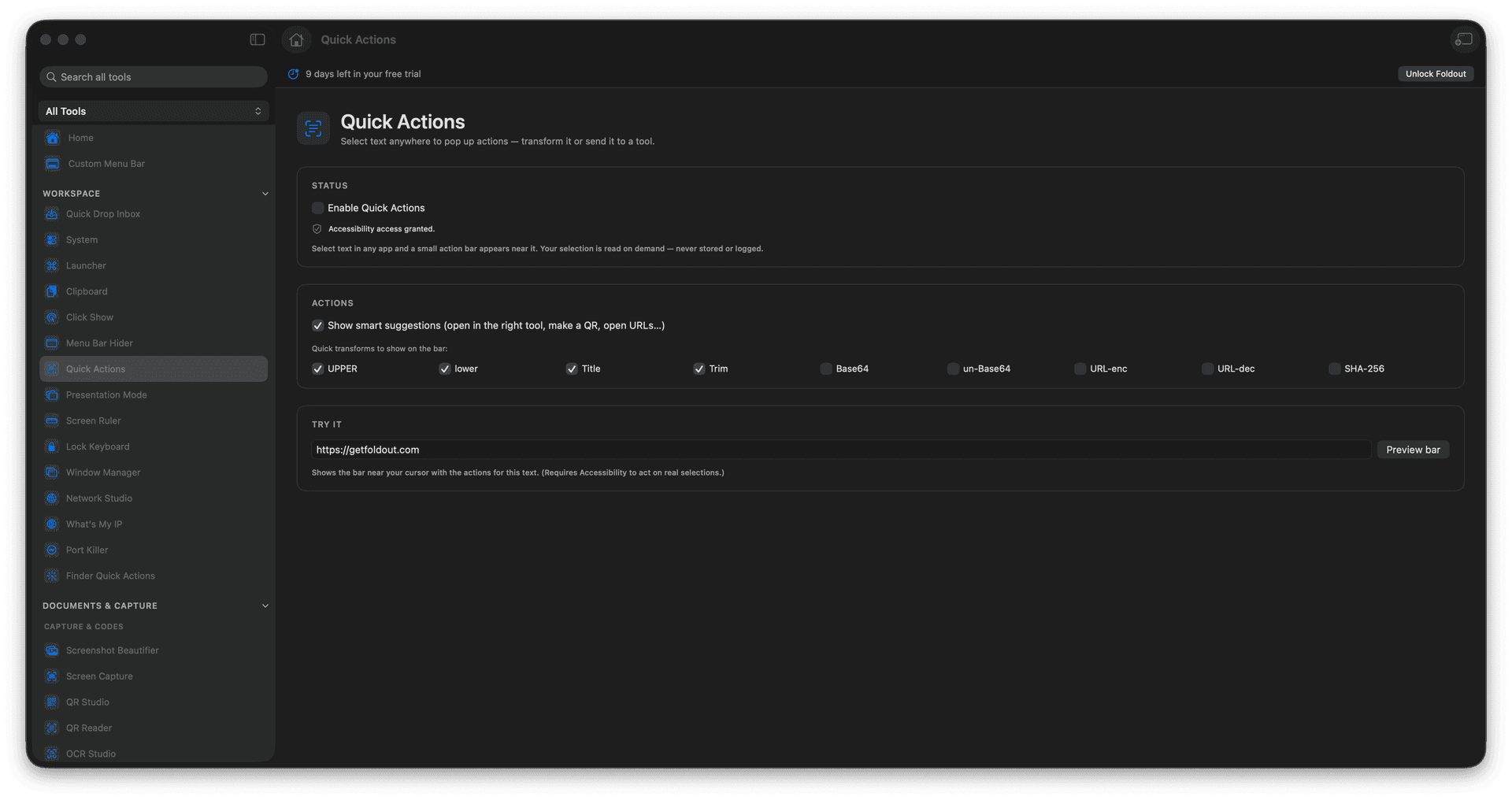 Foldout Transform selected text from anywhere tool screen on macOS