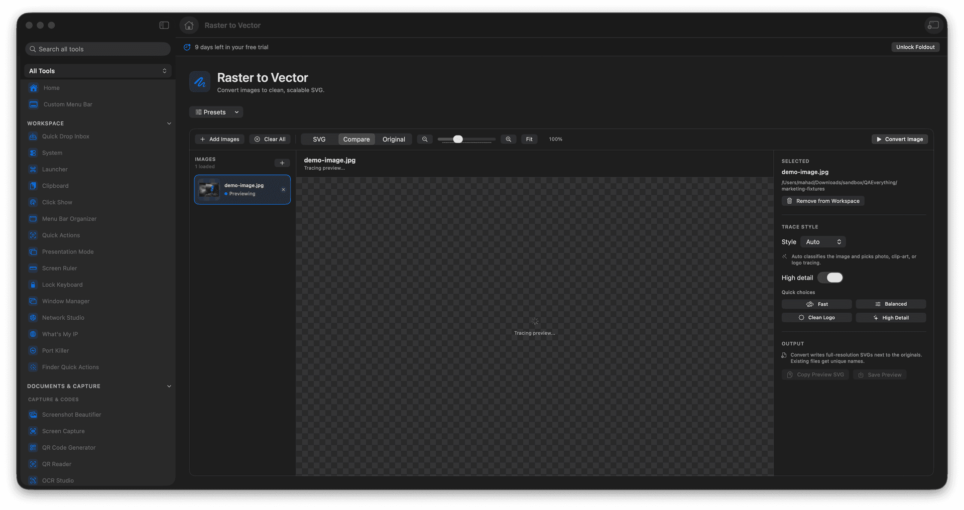 Foldout Convert raster images into scalable SVG tool screen on macOS