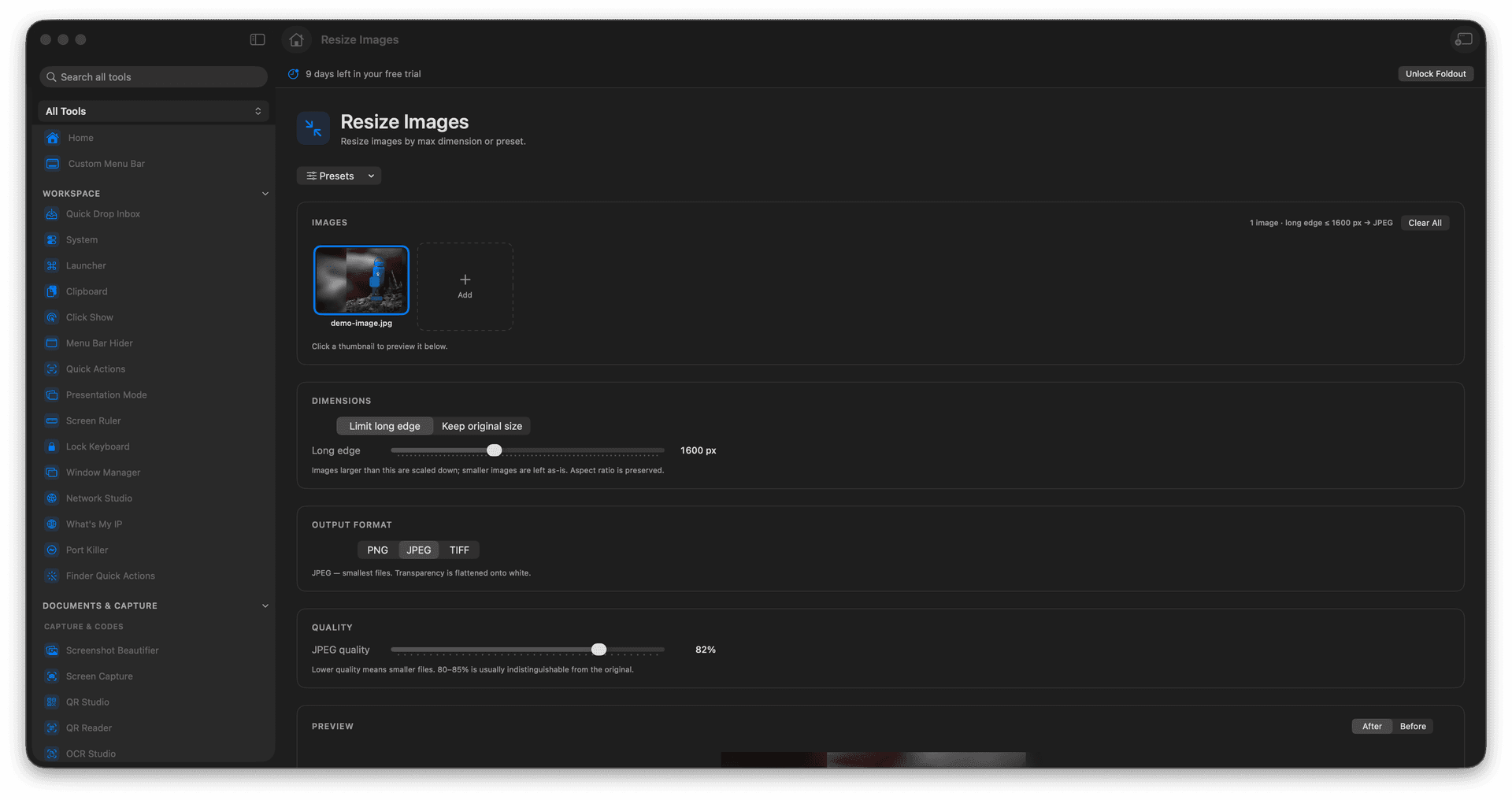 Foldout Resize images by max dimension or preset tool screen on macOS