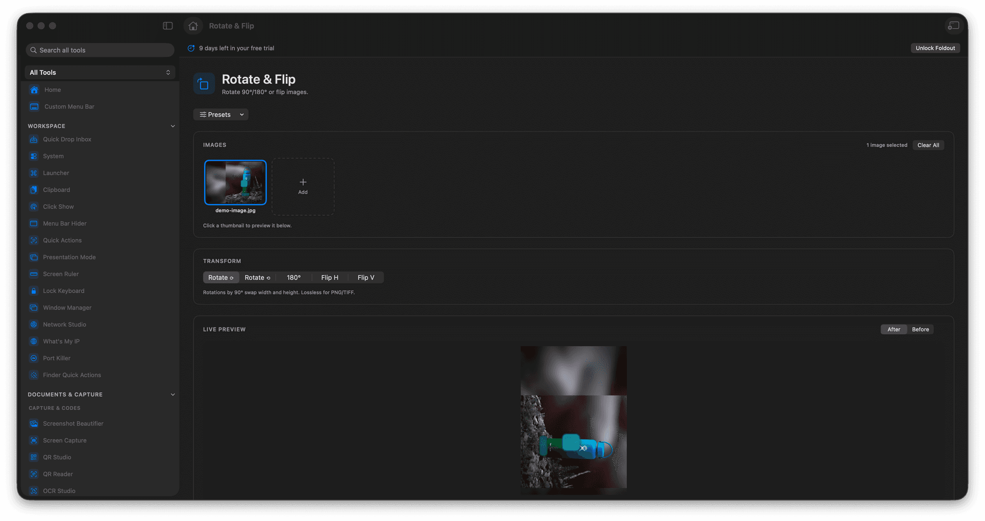 Foldout Rotate or flip images quickly tool screen on macOS