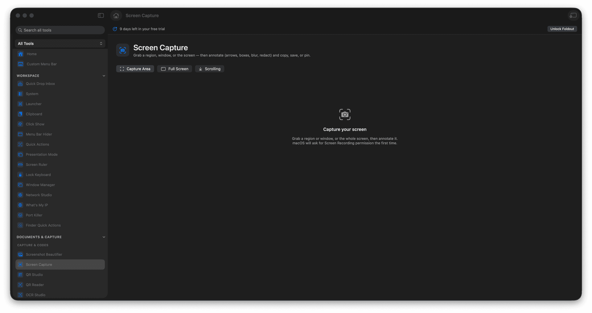Foldout Screen Capture tool showing screenshot capture modes and annotation controls on macOS