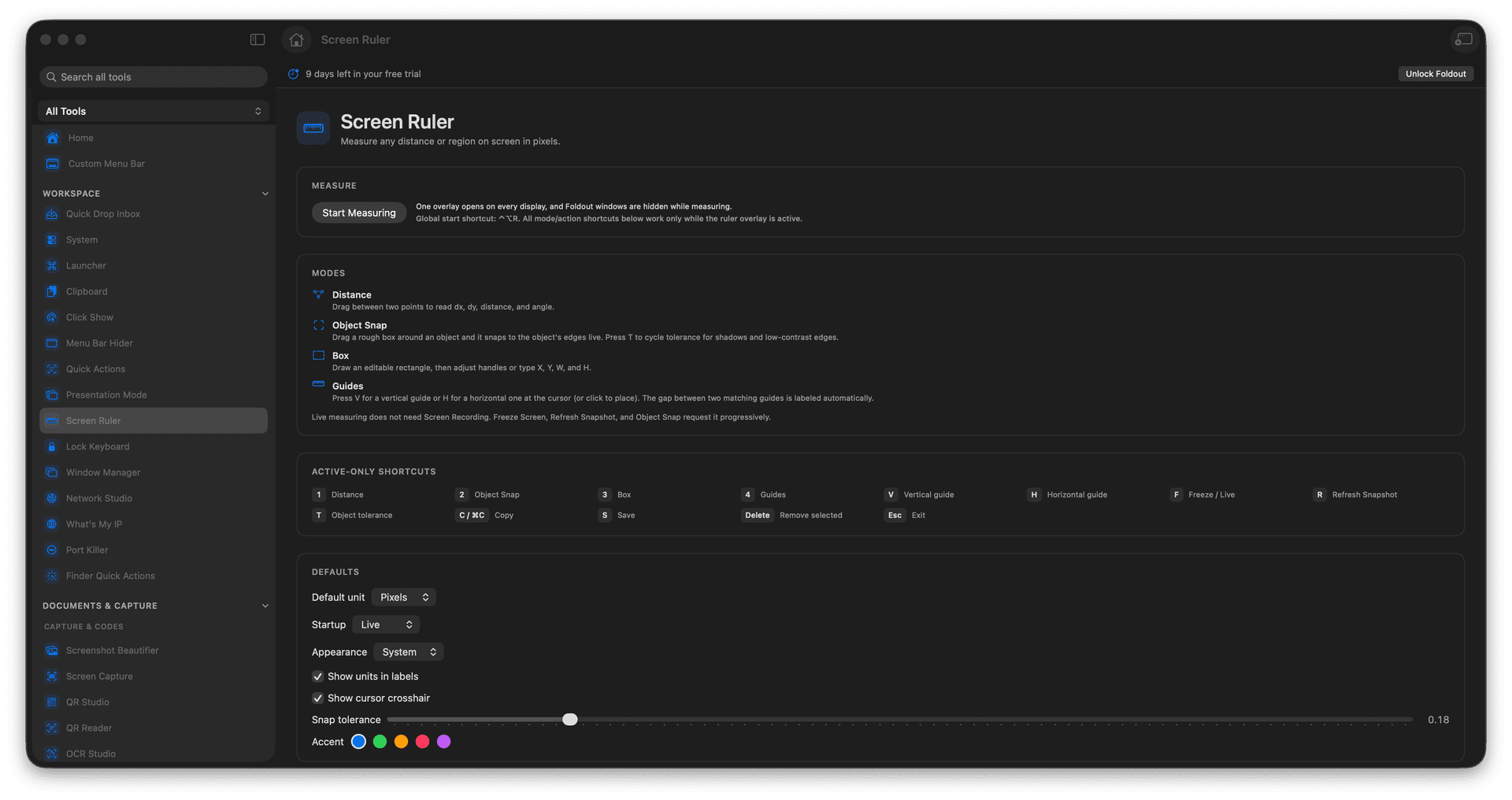 Foldout Measure distances, boxes, guides, and snapped objects across displays tool screen on macOS